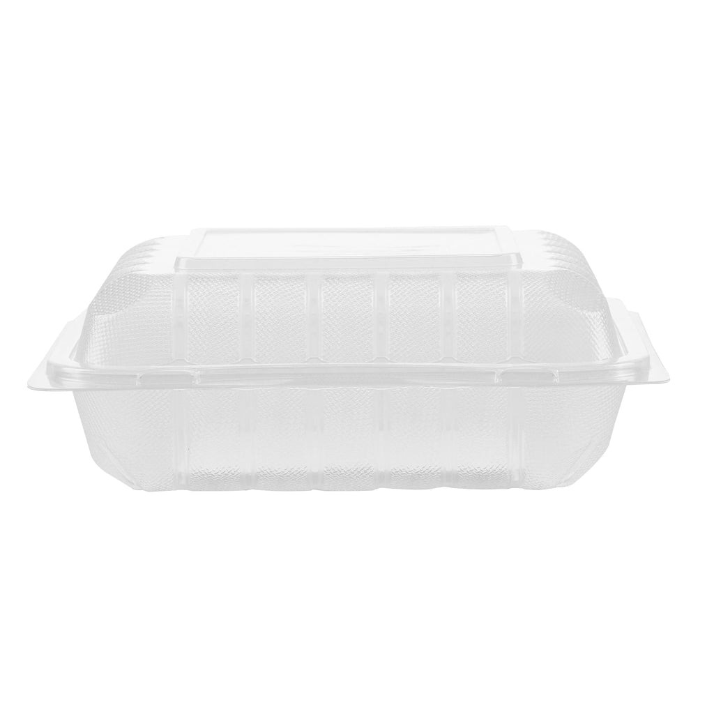 Chef 101 34 oz Square Clear Plastic Clamshell Container - Microwavable - 8" x 8" x 3" - 100 count box