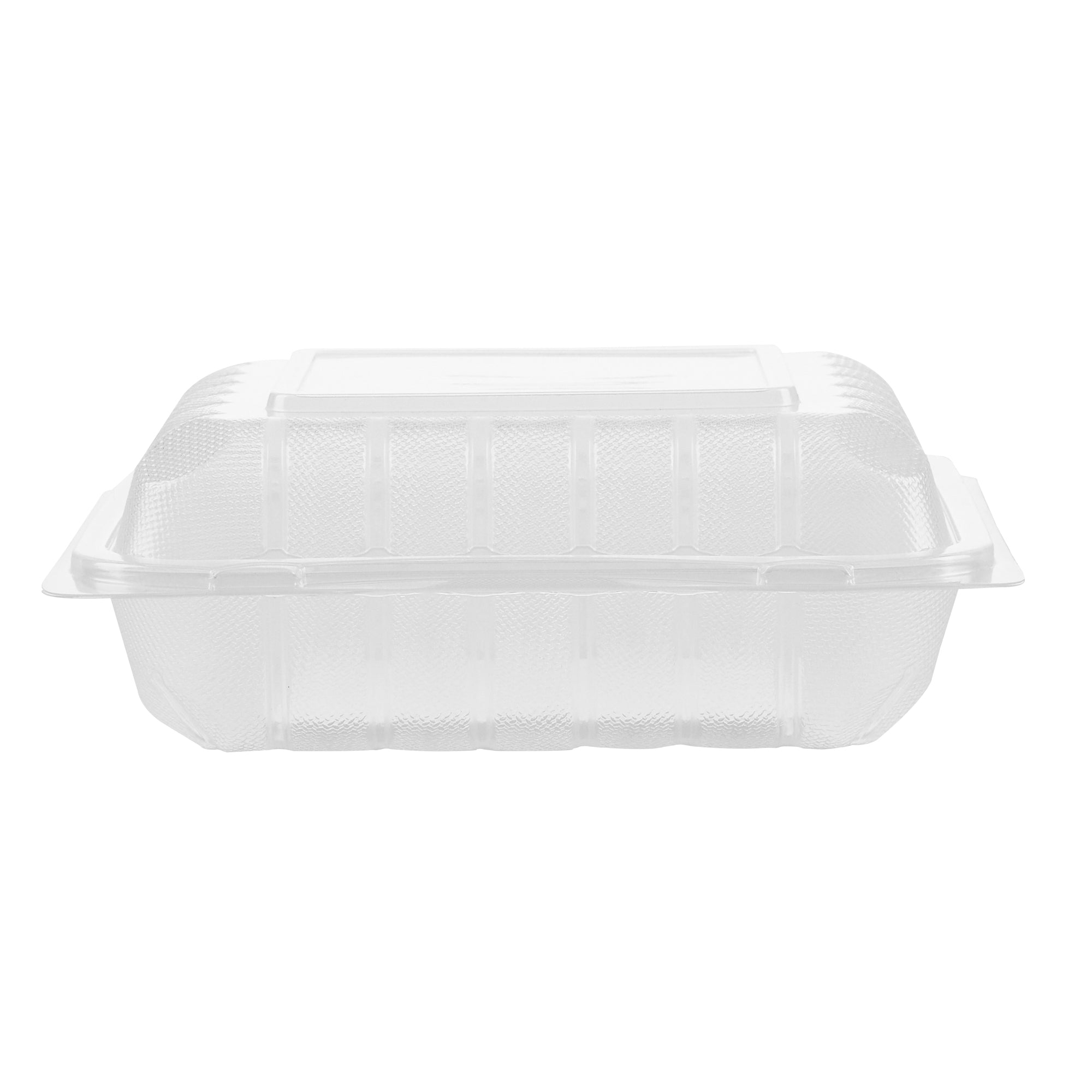 Chef 101 34 oz Square Clear Plastic Clamshell Container - Microwavable - 8" x 8" x 3" - 100 count box
