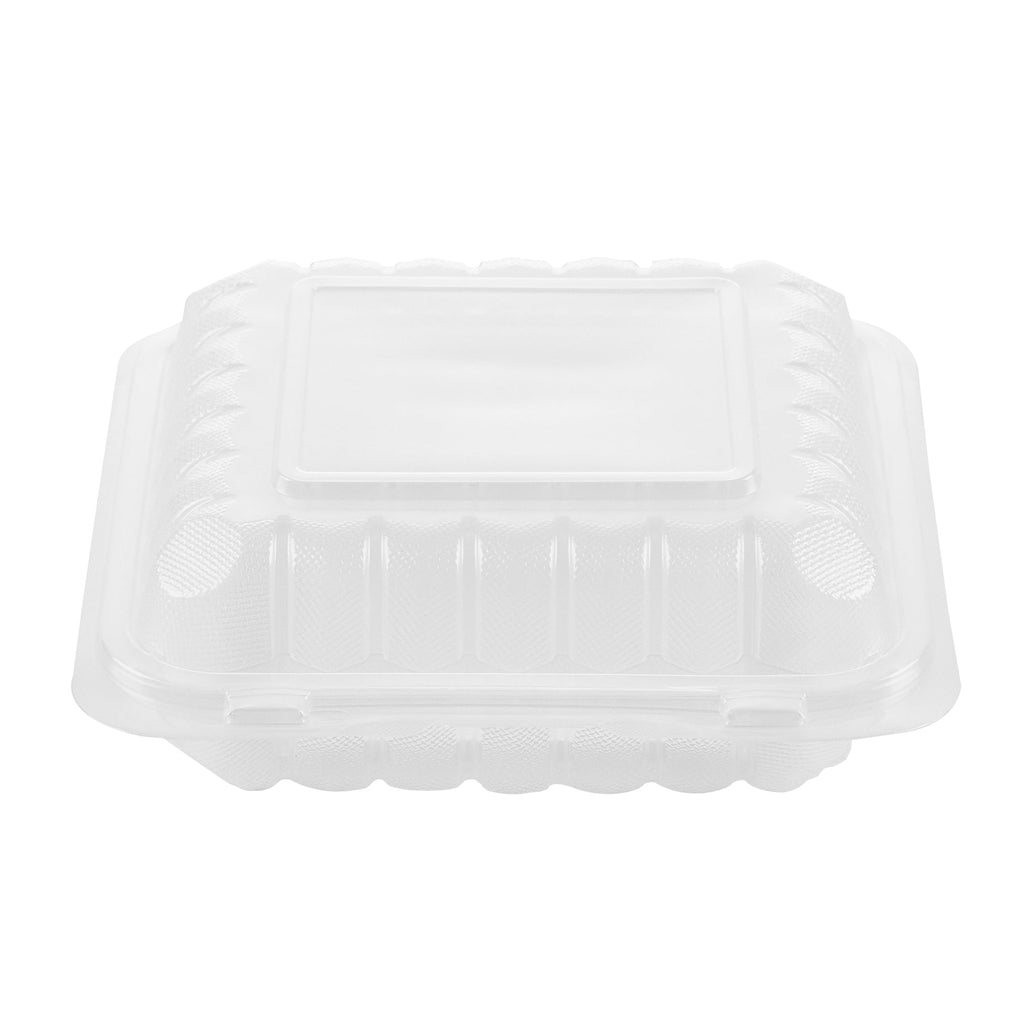 Chef 101 34 oz Square Clear Plastic Clamshell Container - Microwavable - 8" x 8" x 3" - 100 count box