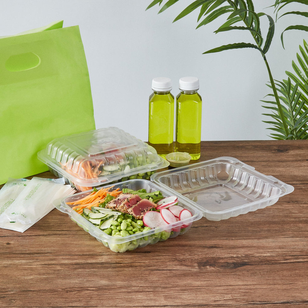 Chef 101 34 oz Square Clear Plastic Clamshell Container - Microwavable - 8" x 8" x 3" - 100 count box