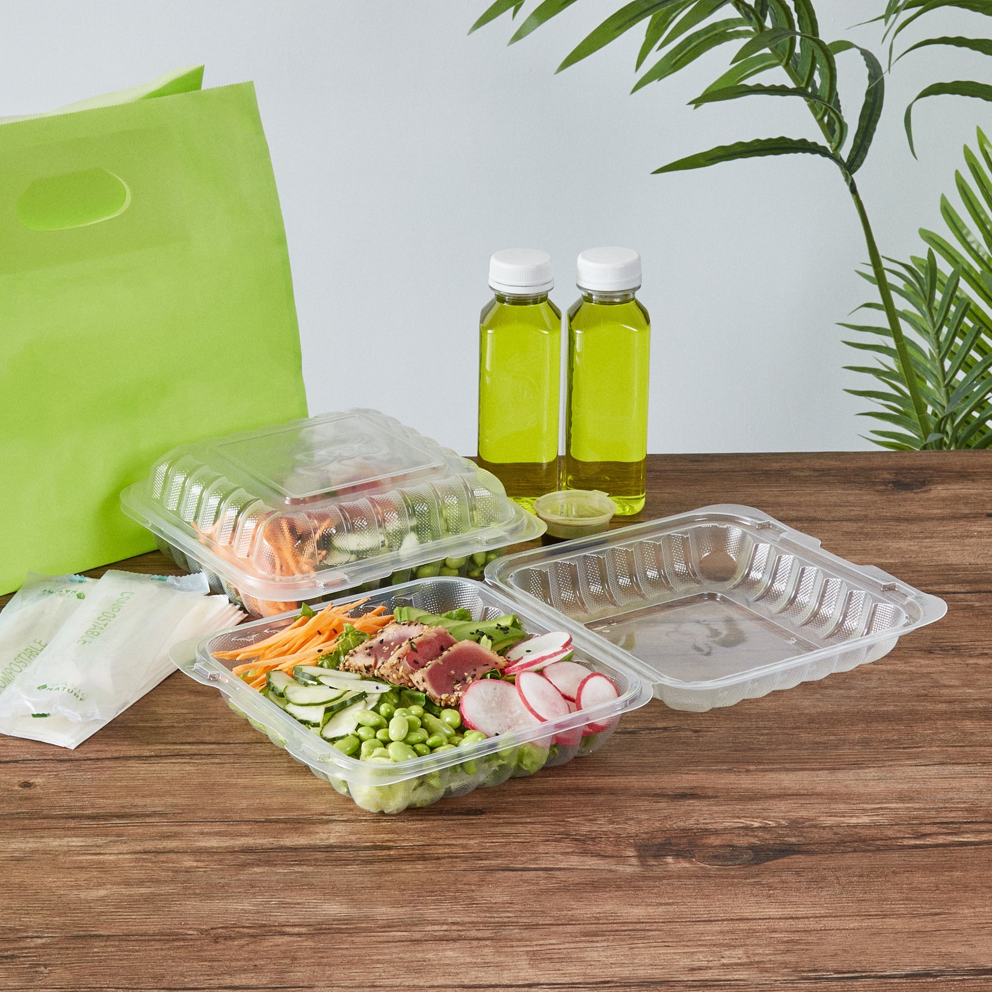 Chef 101 34 oz Square Clear Plastic Clamshell Container - Microwavable - 8" x 8" x 3" - 100 count box