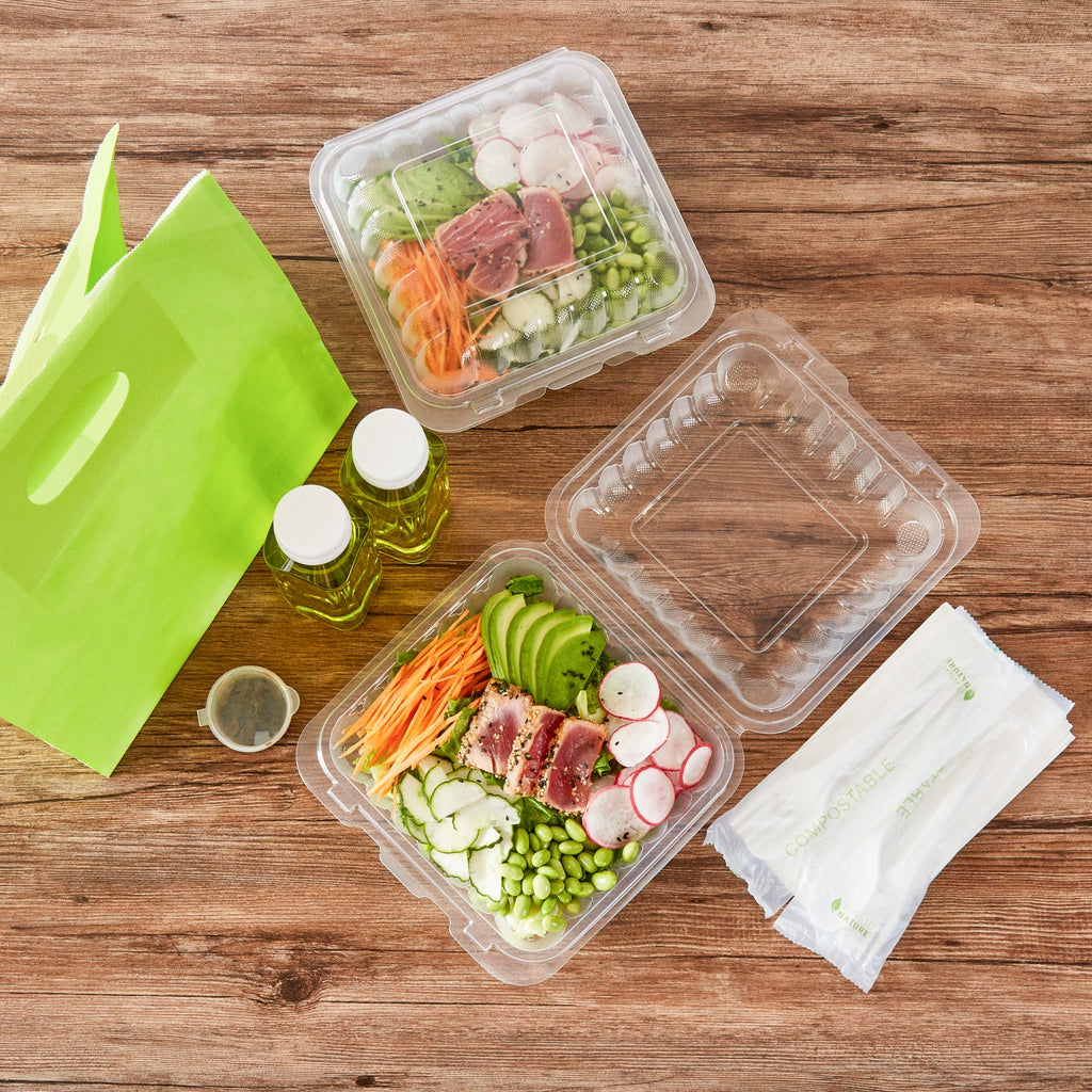Chef 101 34 oz Square Clear Plastic Clamshell Container - Microwavable - 8" x 8" x 3" - 100 count box