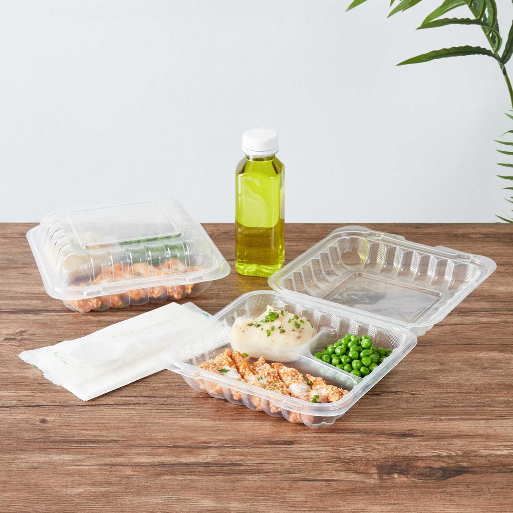 Chef 101 34 oz Square Clear Plastic Clamshell Container - 3 Compartments, Microwavable - 8" x 8" x 3" - 50 count box