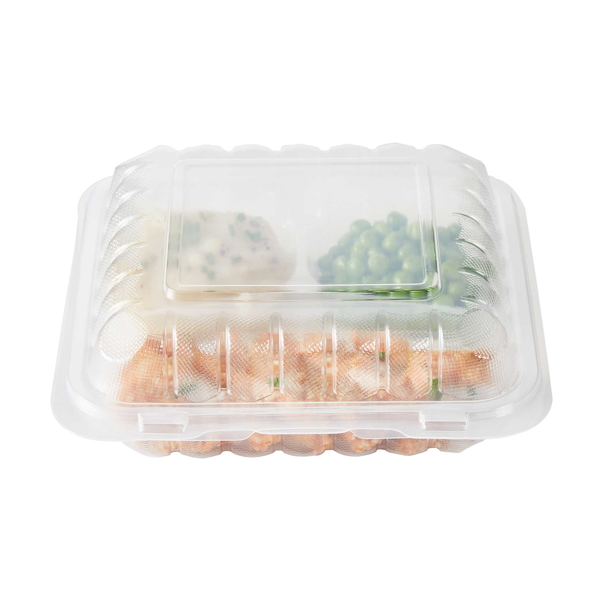 Chef 101 34 oz Square Clear Plastic Clamshell Container - 3 Compartments, Microwavable - 8" x 8" x 3" - 50 count box