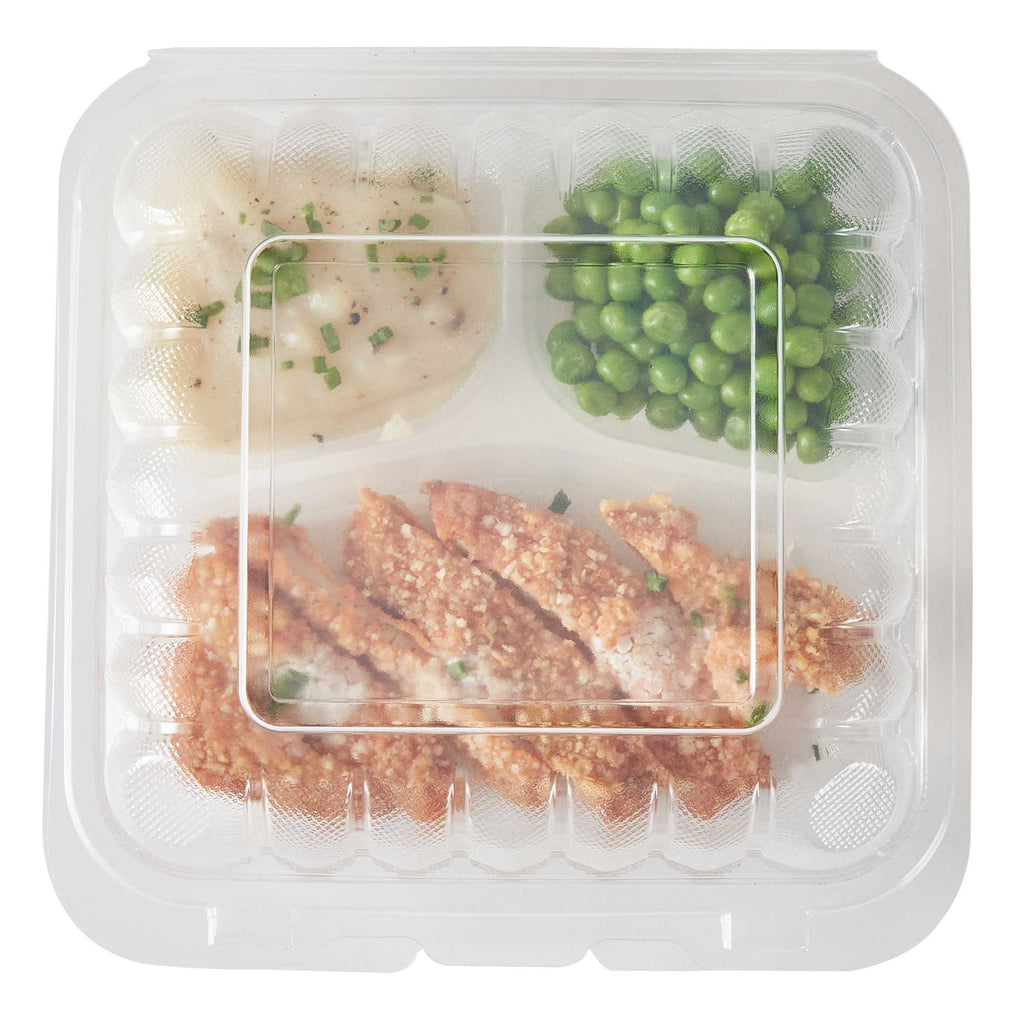 Chef 101 34 oz Square Clear Plastic Clamshell Container - 3 Compartments, Microwavable - 8" x 8" x 3" - 50 count box
