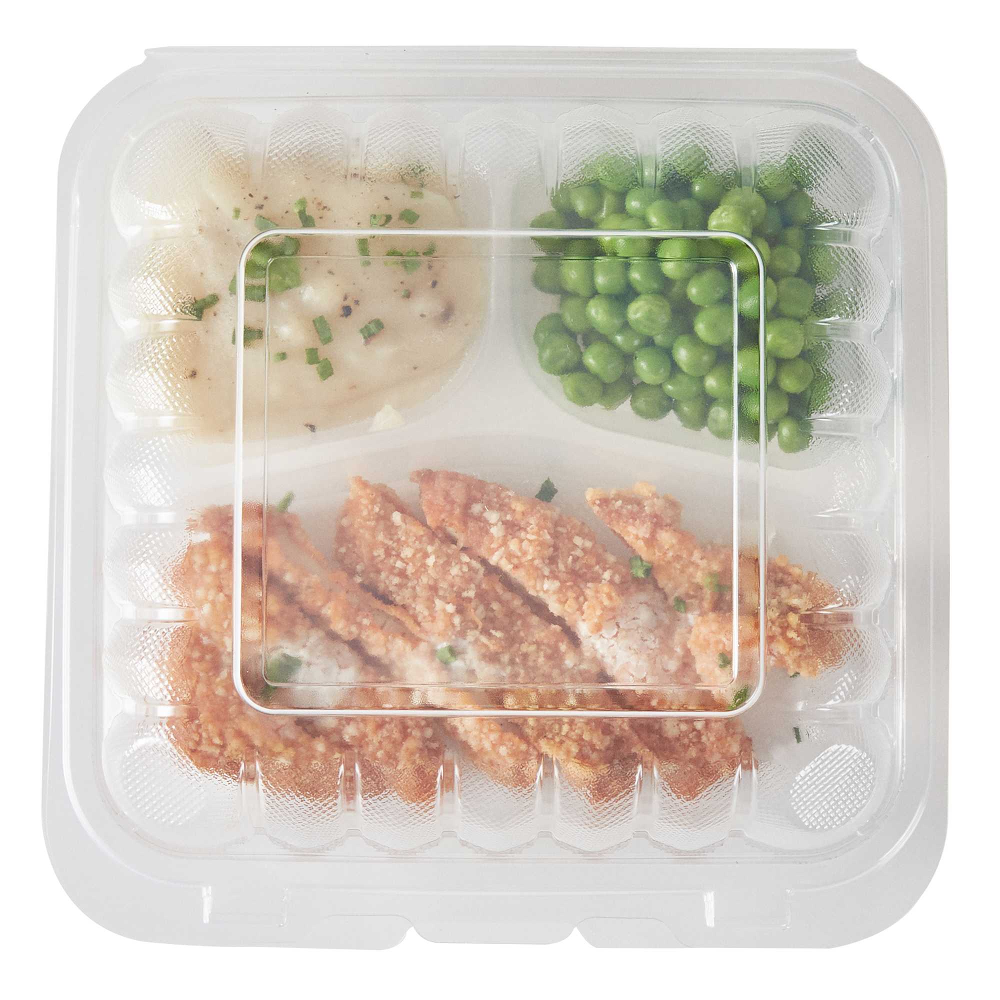 Chef 101 34 oz Square Clear Plastic Clamshell Container - 3 Compartments, Microwavable - 8" x 8" x 3" - 50 count box