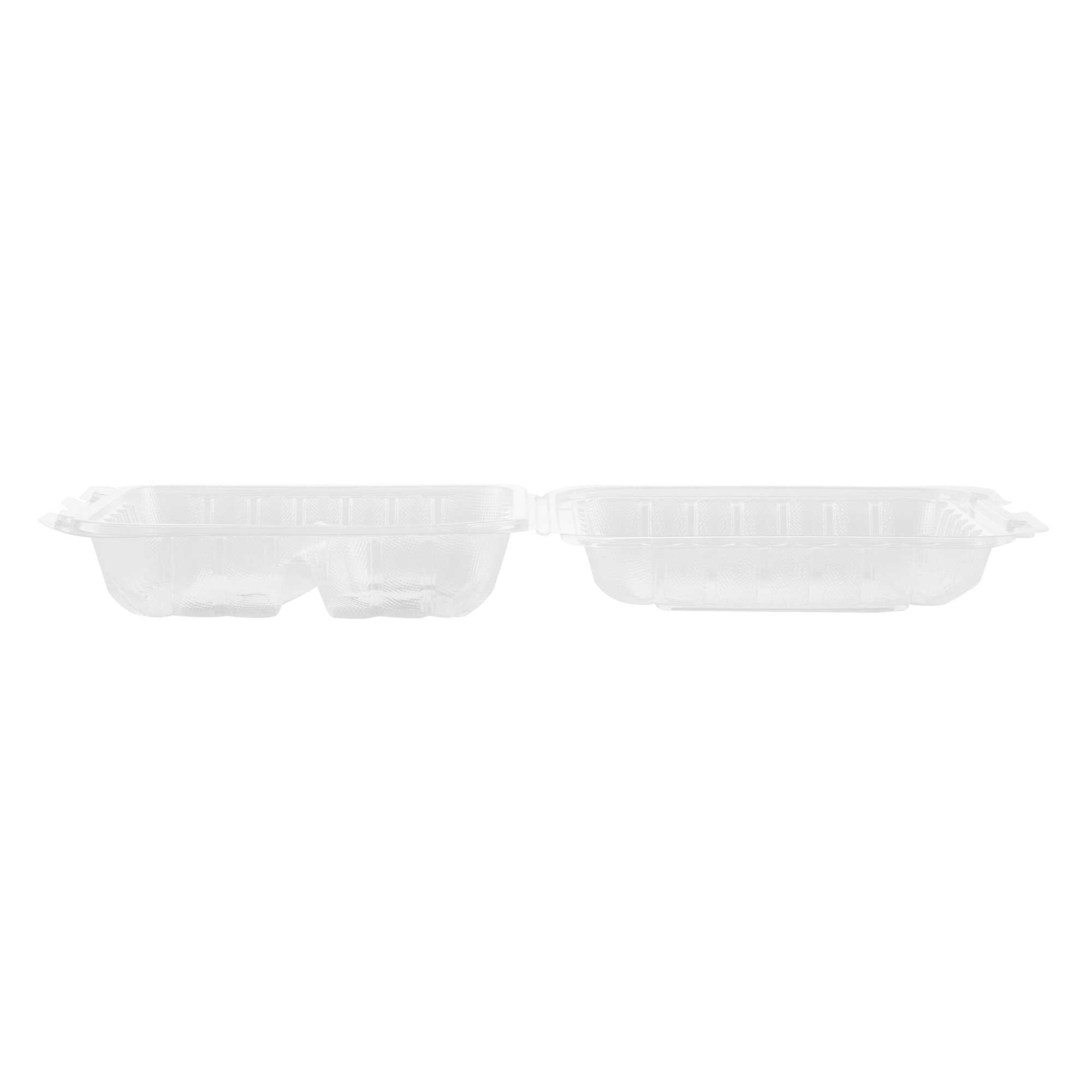 Chef 101 34 oz Square Clear Plastic Clamshell Container - 3 Compartments, Microwavable - 8" x 8" x 3" - 50 count box