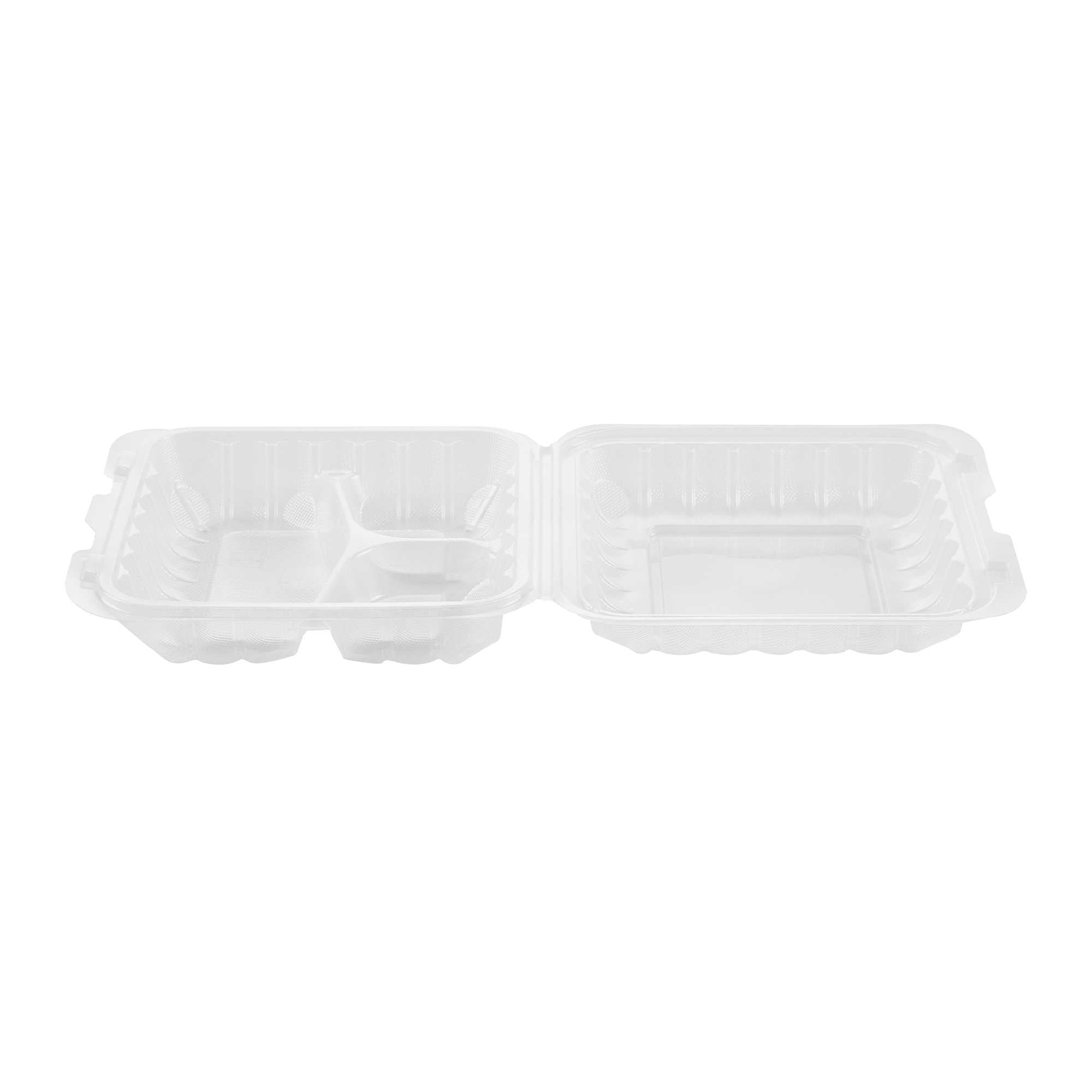 Chef 101 34 oz Square Clear Plastic Clamshell Container - 3 Compartments, Microwavable - 8" x 8" x 3" - 50 count box