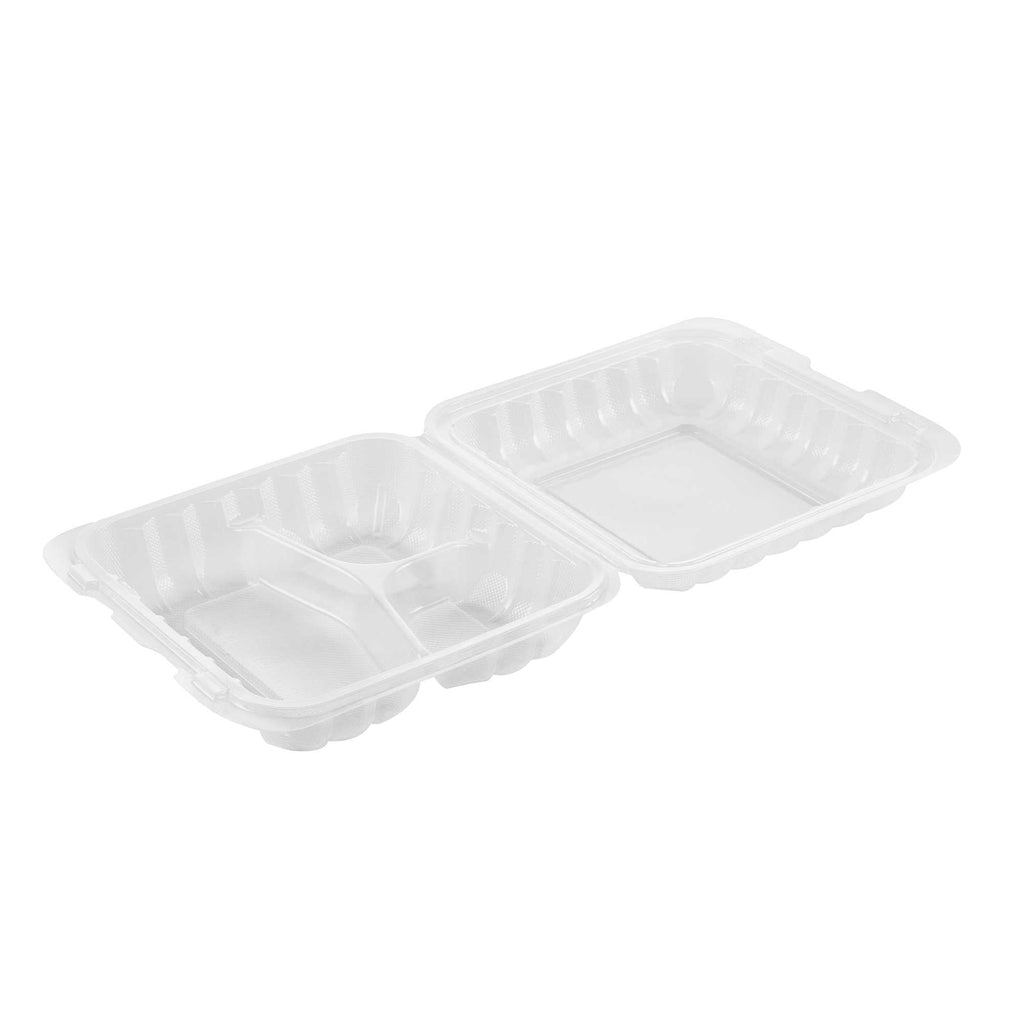 Chef 101 34 oz Square Clear Plastic Clamshell Container - 3 Compartments, Microwavable - 8" x 8" x 3" - 50 count box