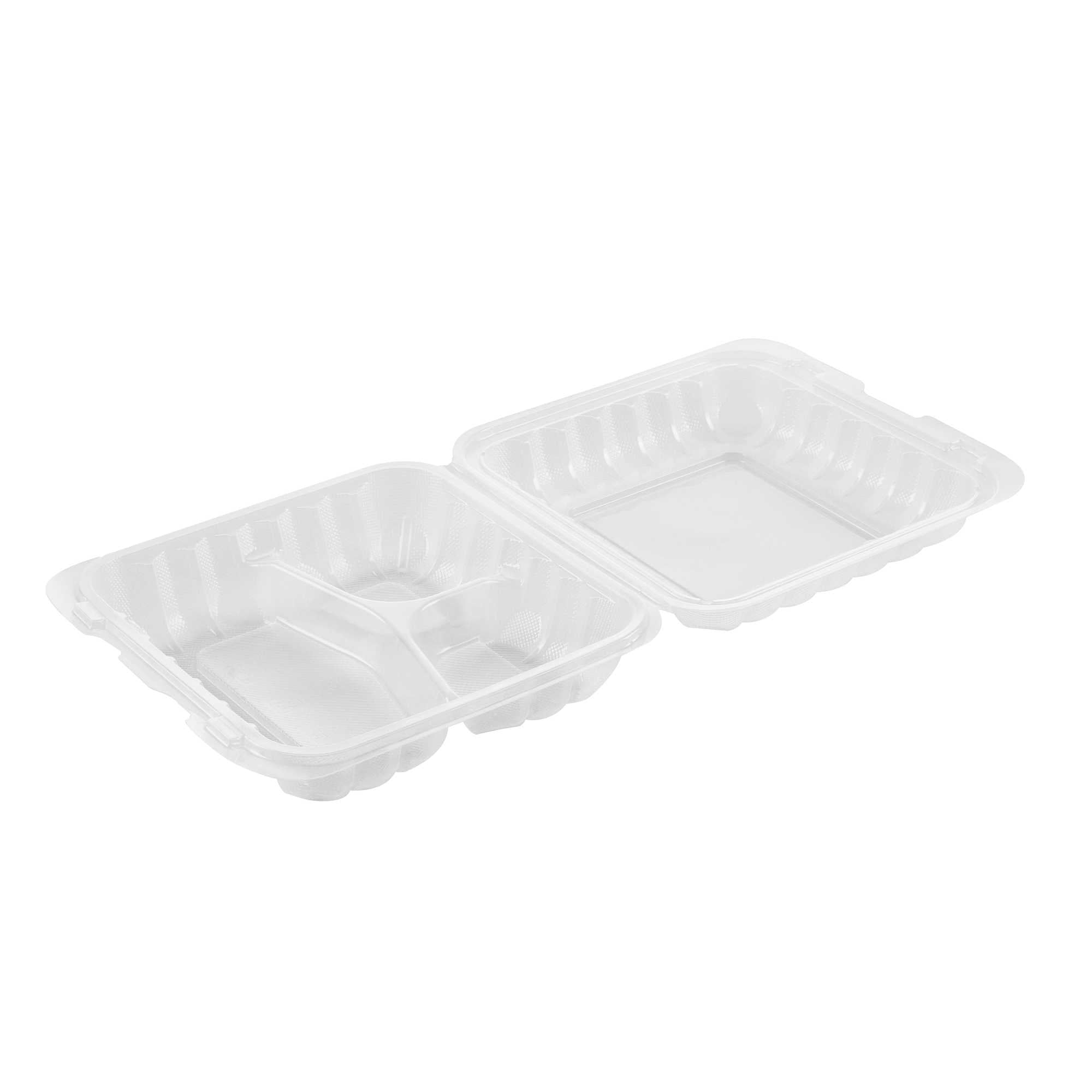 Chef 101 34 oz Square Clear Plastic Clamshell Container - 3 Compartments, Microwavable - 8" x 8" x 3" - 50 count box