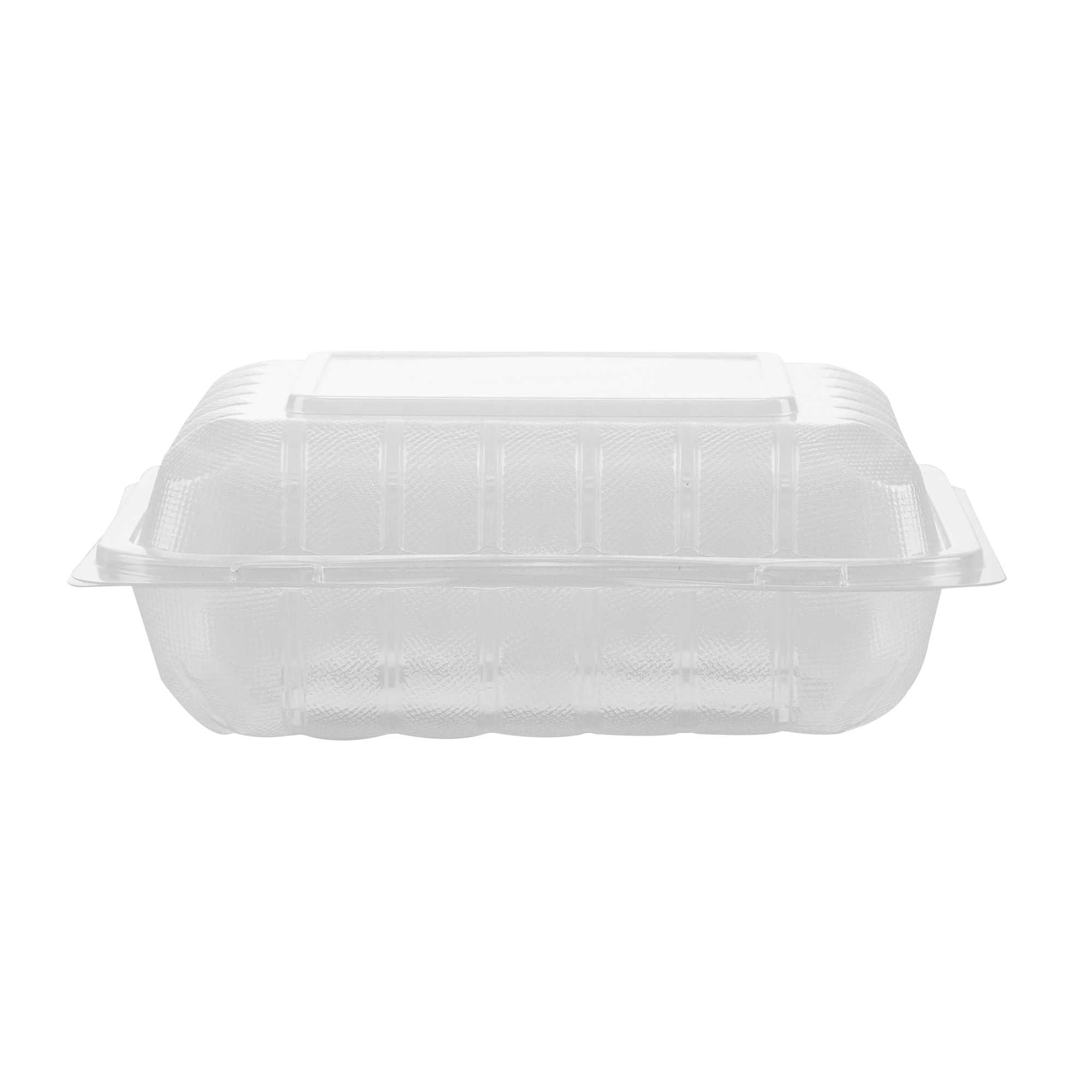 Chef 101 34 oz Square Clear Plastic Clamshell Container - 3 Compartments, Microwavable - 8" x 8" x 3" - 50 count box