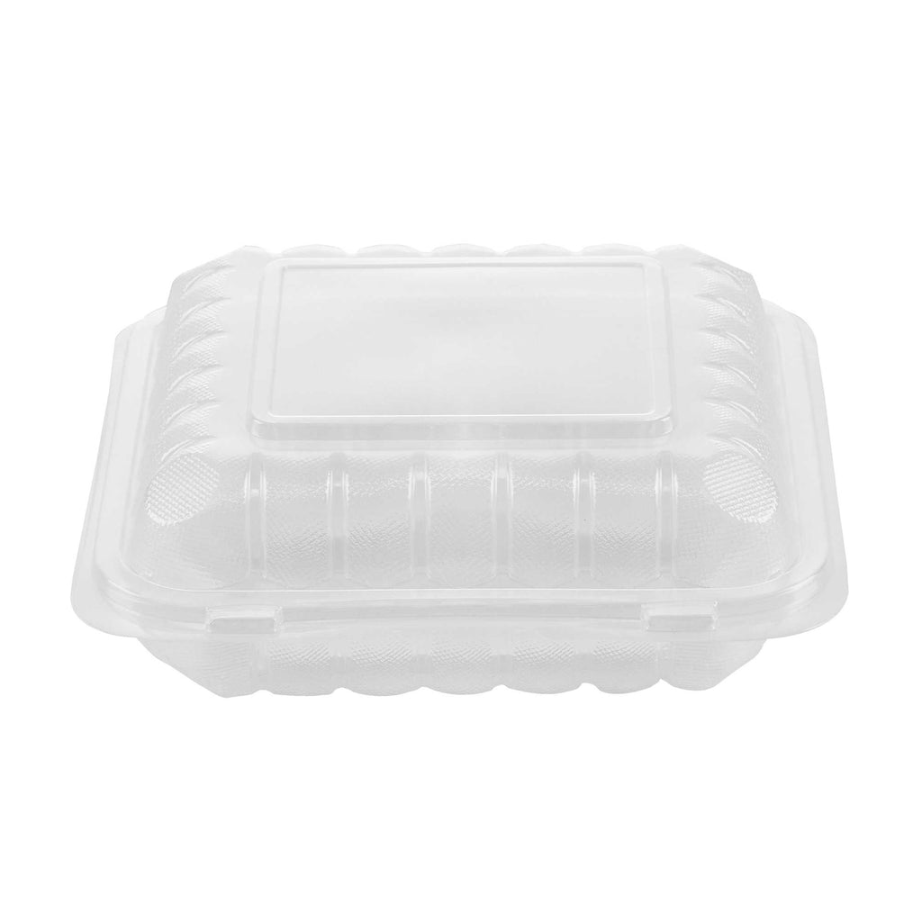 Chef 101 34 oz Square Clear Plastic Clamshell Container - 3 Compartments, Microwavable - 8" x 8" x 3" - 50 count box
