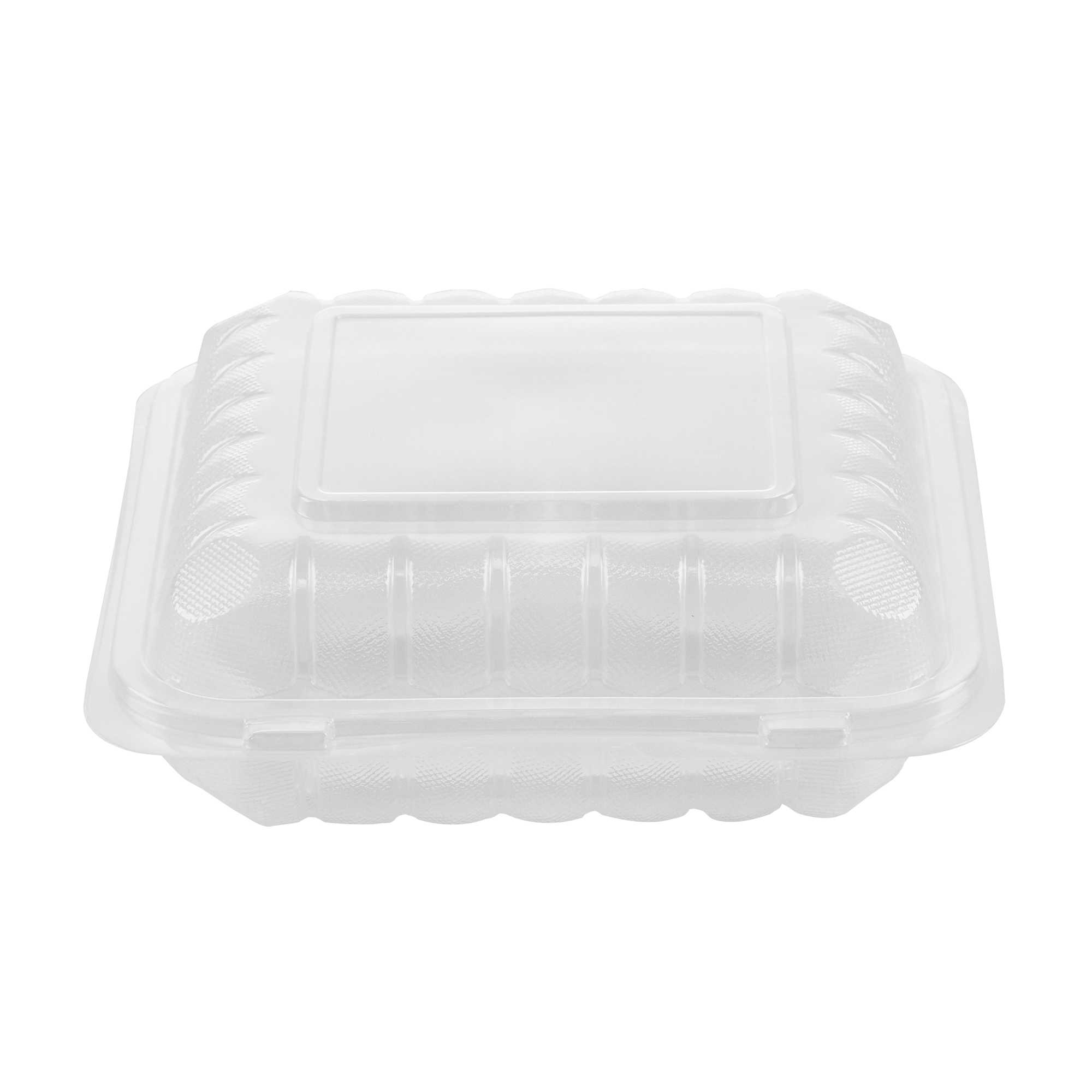 Chef 101 34 oz Square Clear Plastic Clamshell Container - 3 Compartments, Microwavable - 8" x 8" x 3" - 50 count box