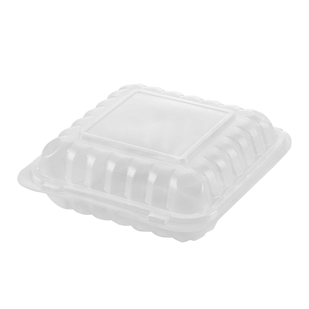 Chef 101 34 oz Square Clear Plastic Clamshell Container - 3 Compartments, Microwavable - 8" x 8" x 3" - 50 count box