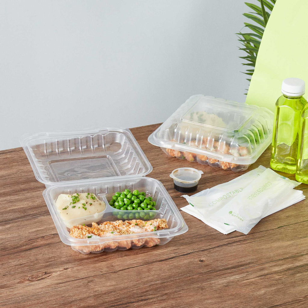 Chef 101 34 oz Square Clear Plastic Clamshell Container - 3 Compartments, Microwavable - 8" x 8" x 3" - 50 count box
