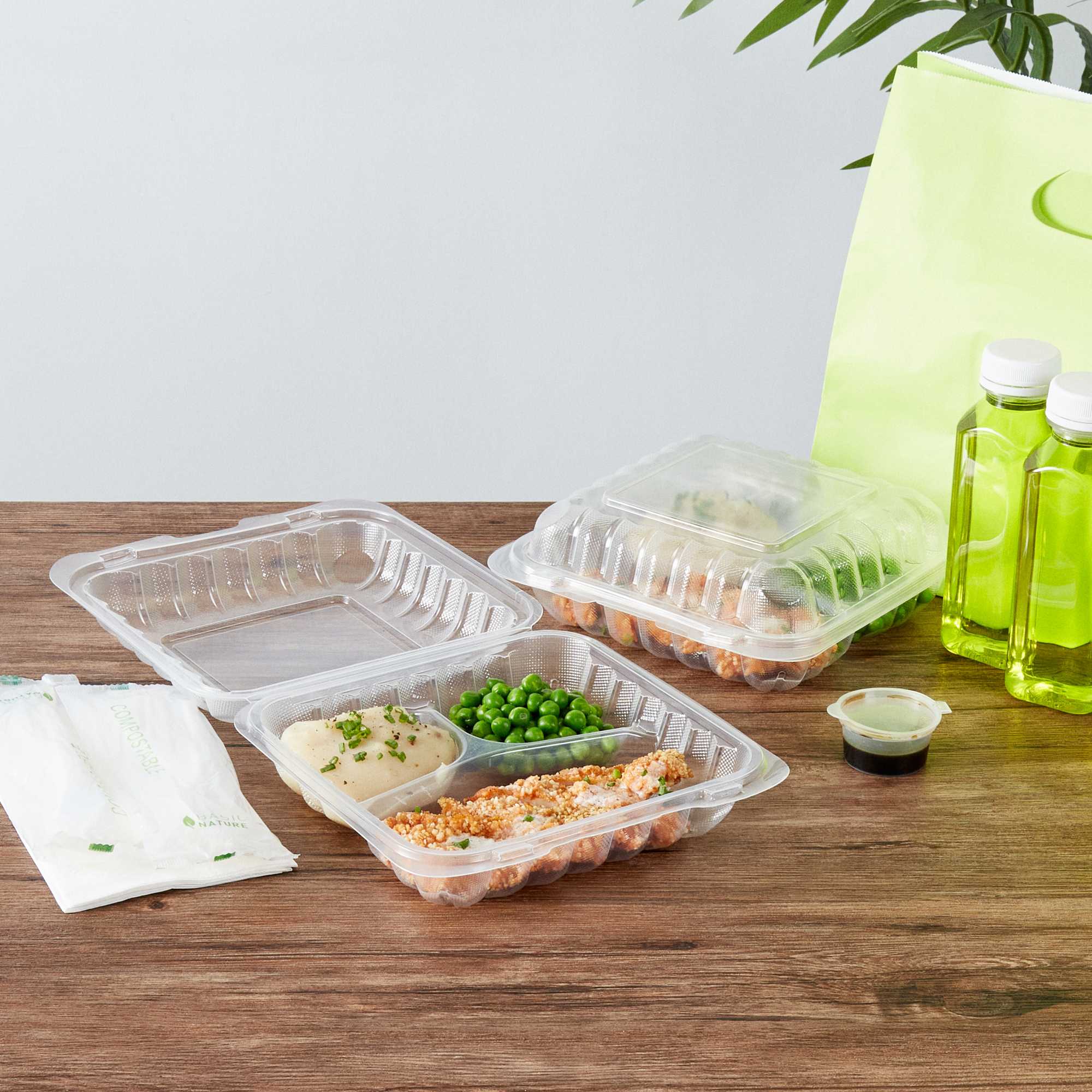 Chef 101 34 oz Square Clear Plastic Clamshell Container - 3 Compartments, Microwavable - 8" x 8" x 3" - 50 count box