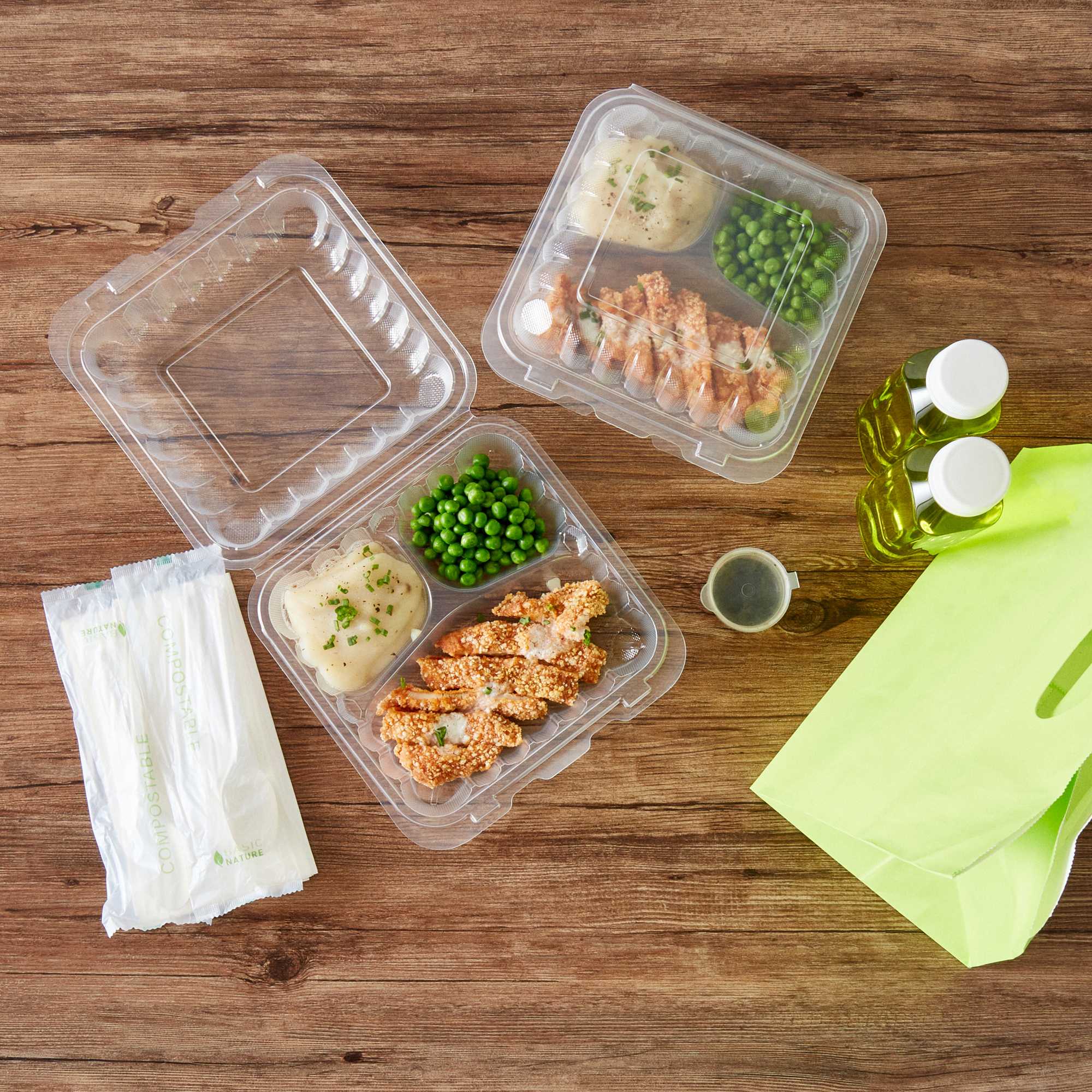 Chef 101 34 oz Square Clear Plastic Clamshell Container - 3 Compartments, Microwavable - 8" x 8" x 3" - 50 count box