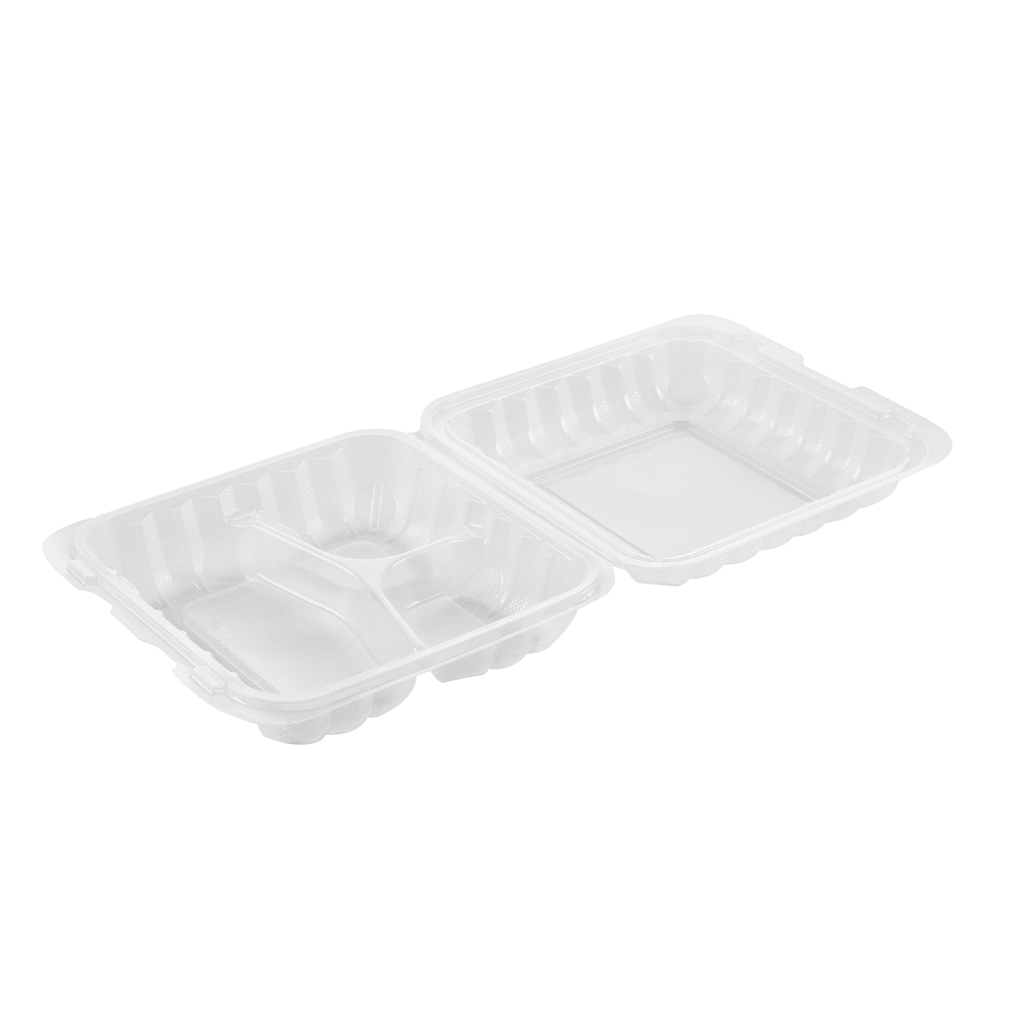 Chef 101 34 oz Square Clear Plastic Clamshell Container - 3 Compartments, Microwavable - 8" x 8" x 3" - 100 count box