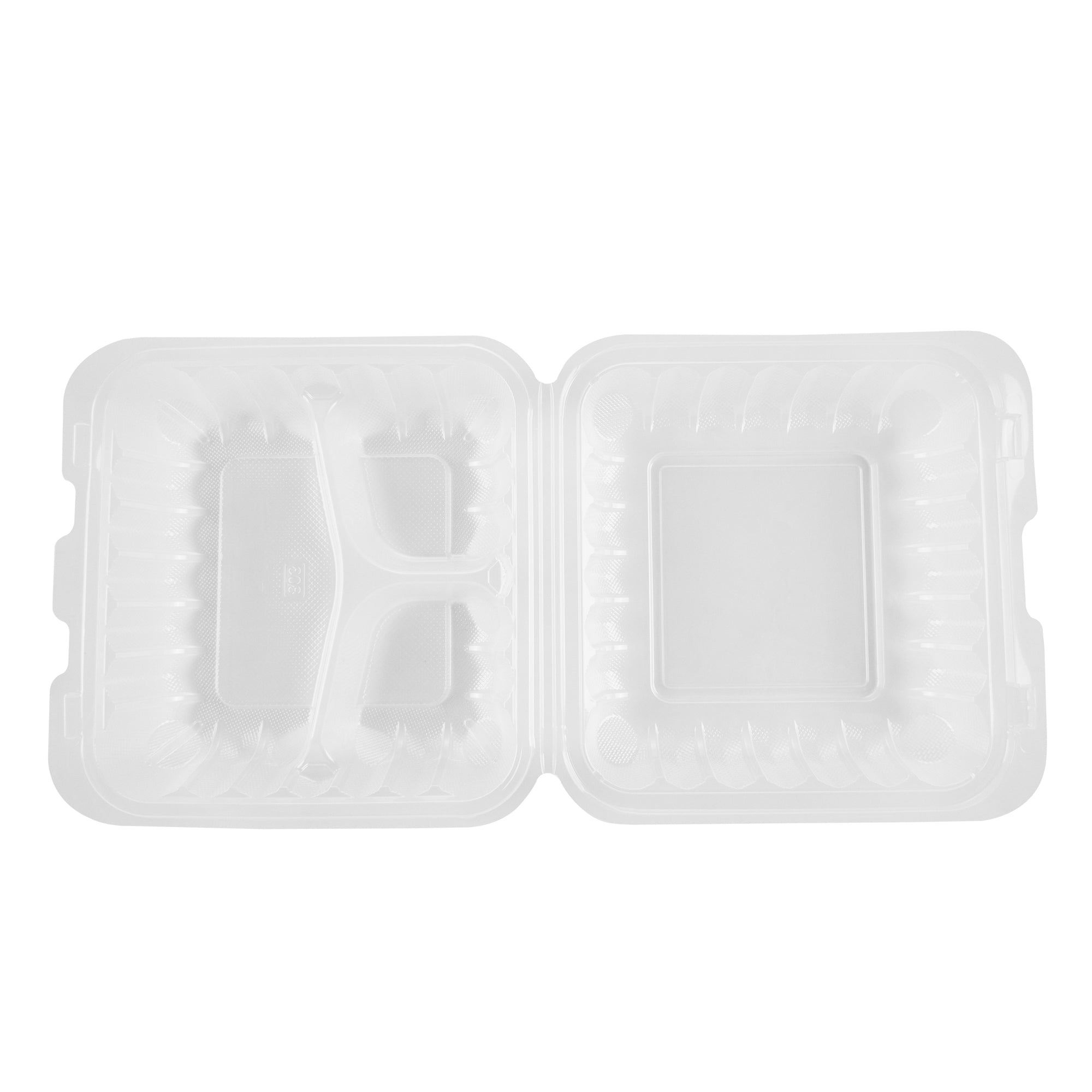Chef 101 34 oz Square Clear Plastic Clamshell Container - 3 Compartments, Microwavable - 8" x 8" x 3" - 100 count box