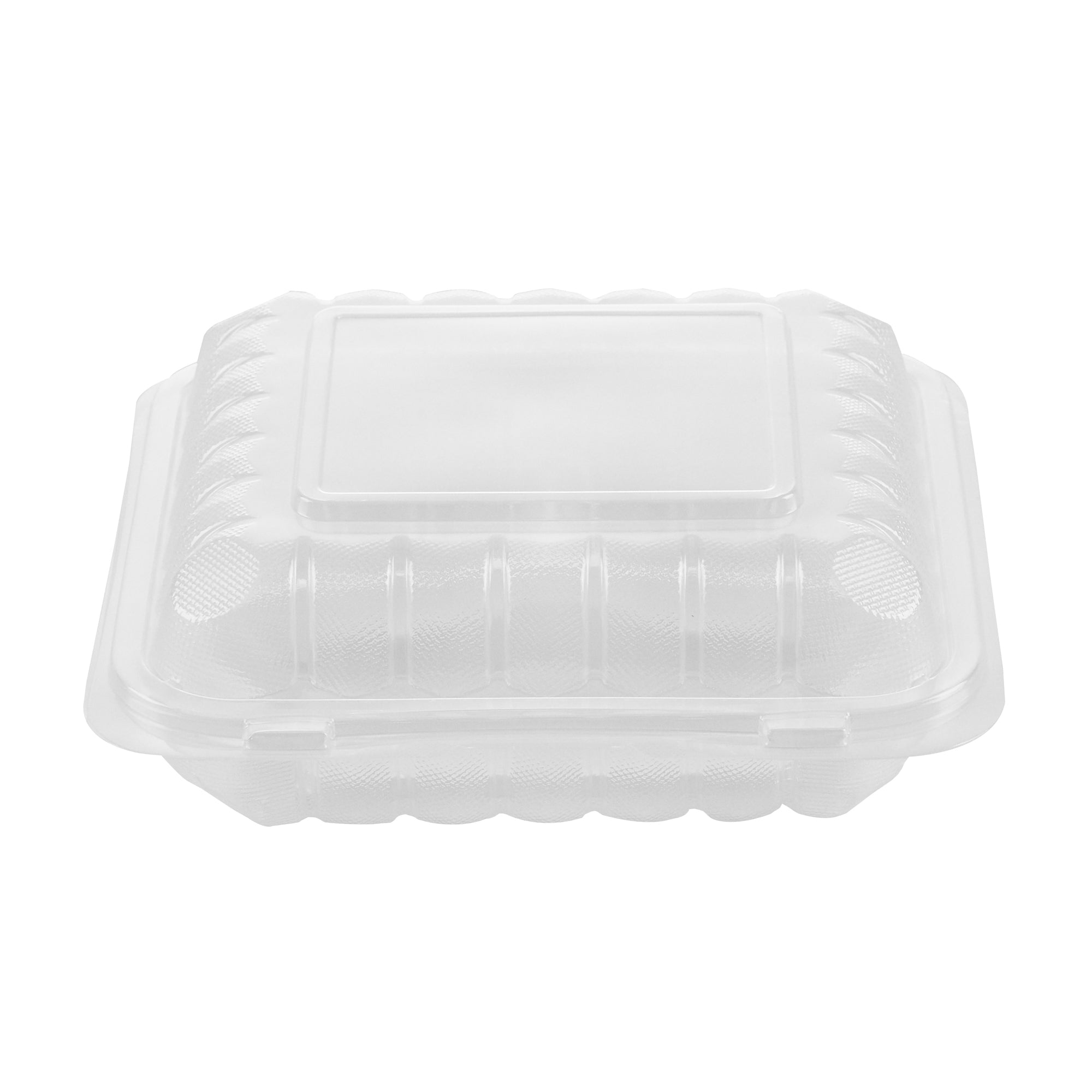 Chef 101 34 oz Square Clear Plastic Clamshell Container - 3 Compartments, Microwavable - 8" x 8" x 3" - 100 count box