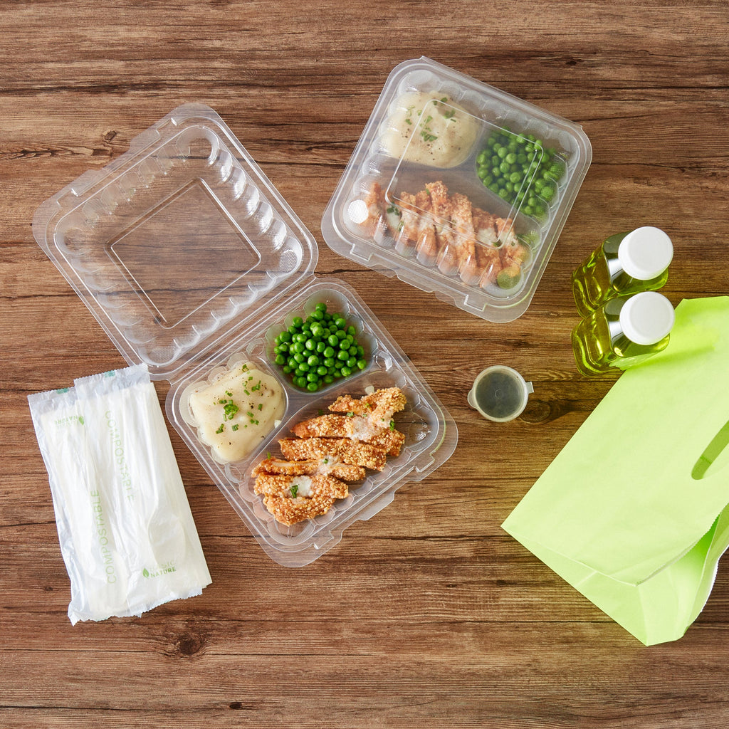 Chef 101 34 oz Square Clear Plastic Clamshell Container - 3 Compartments, Microwavable - 8" x 8" x 3" - 100 count box