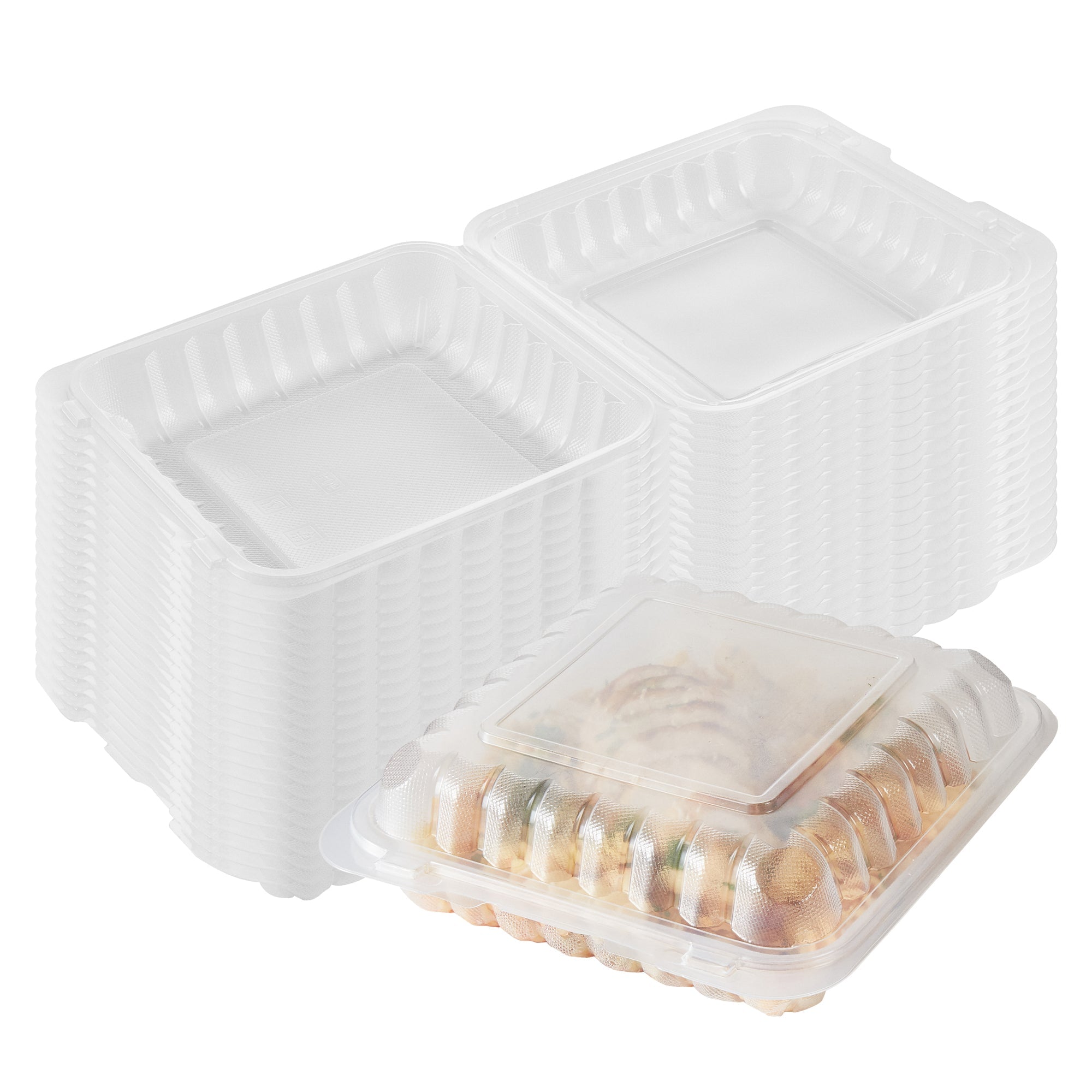 Chef 101 40 oz Square Clear Plastic Clamshell Container - Microwavable - 9" x 9" x 3" - 50 count box