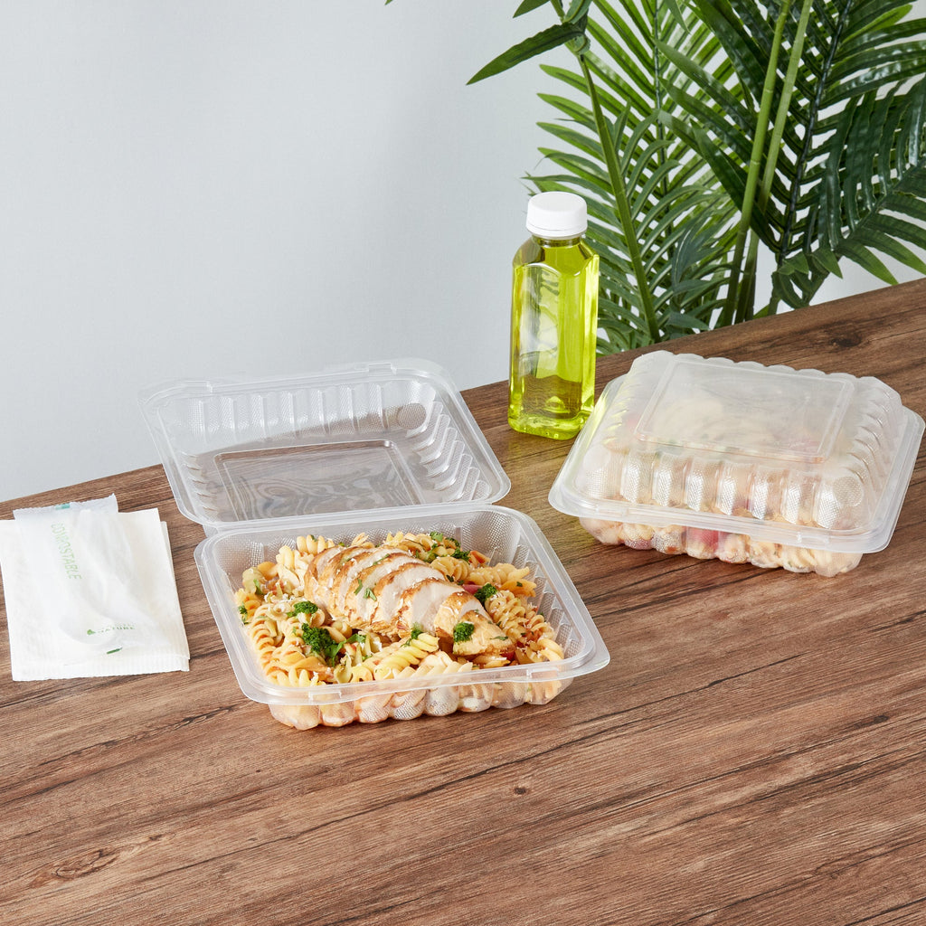 Chef 101 40 oz Square Clear Plastic Clamshell Container - Microwavable - 9" x 9" x 3" - 50 count box