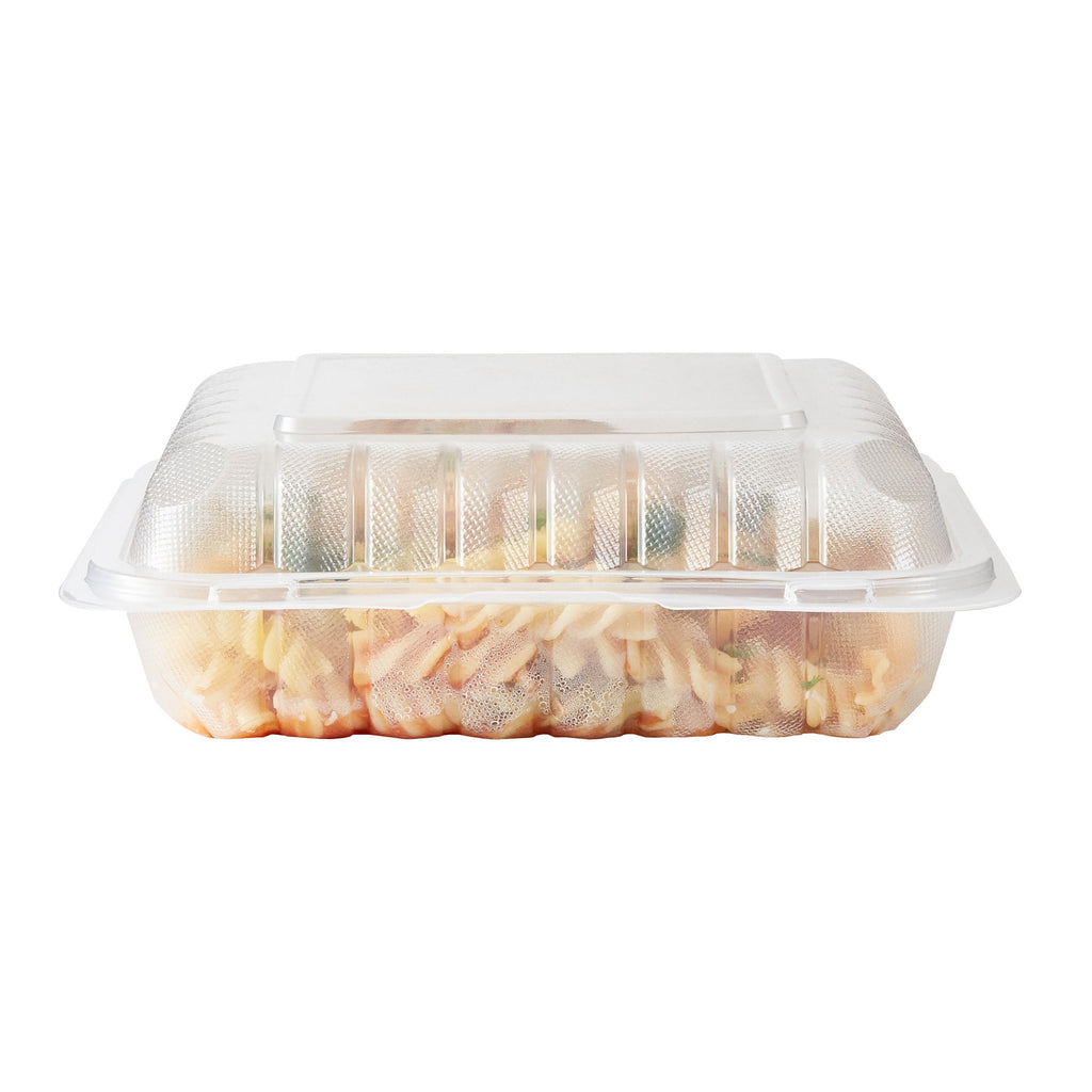 Chef 101 40 oz Square Clear Plastic Clamshell Container - Microwavable - 9" x 9" x 3" - 50 count box
