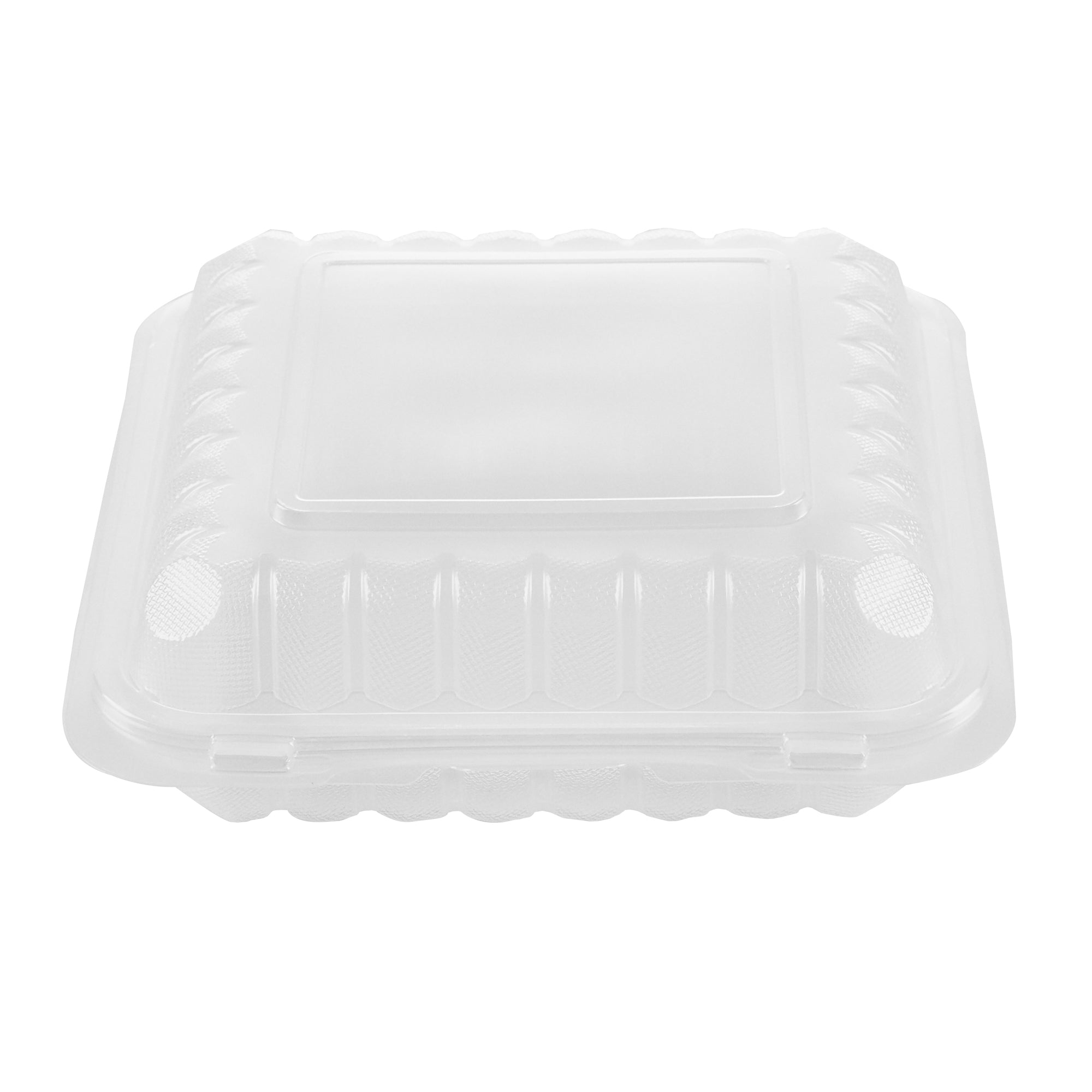 Chef 101 40 oz Square Clear Plastic Clamshell Container - Microwavable - 9" x 9" x 3" - 50 count box