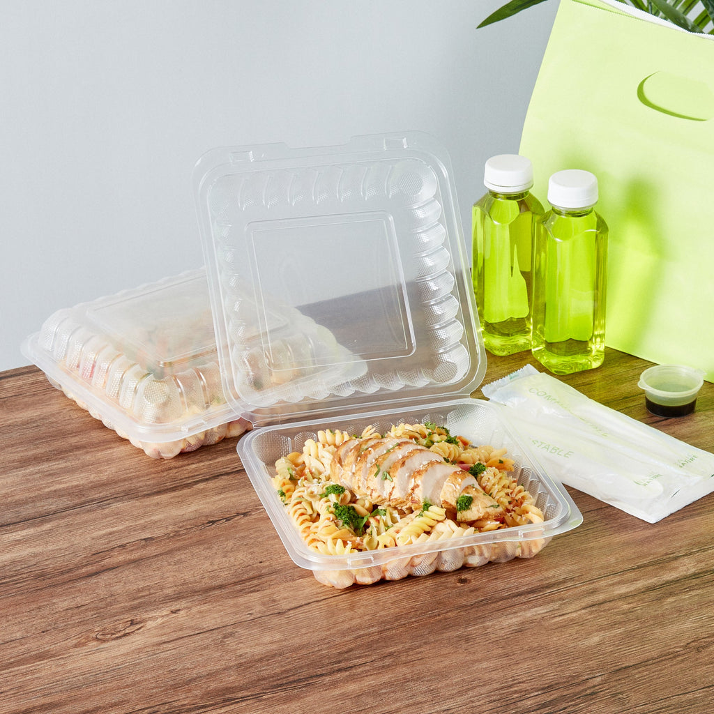 Chef 101 40 oz Square Clear Plastic Clamshell Container - Microwavable - 9" x 9" x 3" - 50 count box