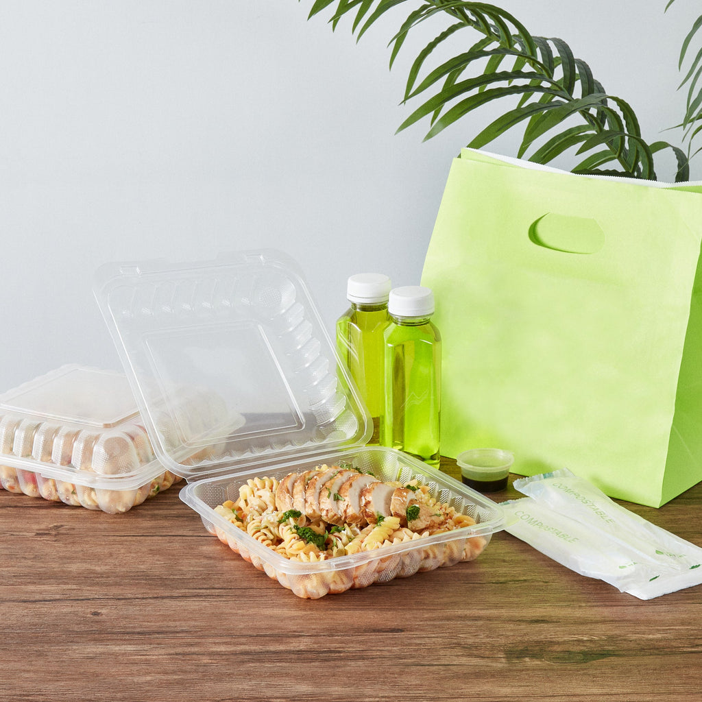 Chef 101 40 oz Square Clear Plastic Clamshell Container - Microwavable - 9" x 9" x 3" - 50 count box