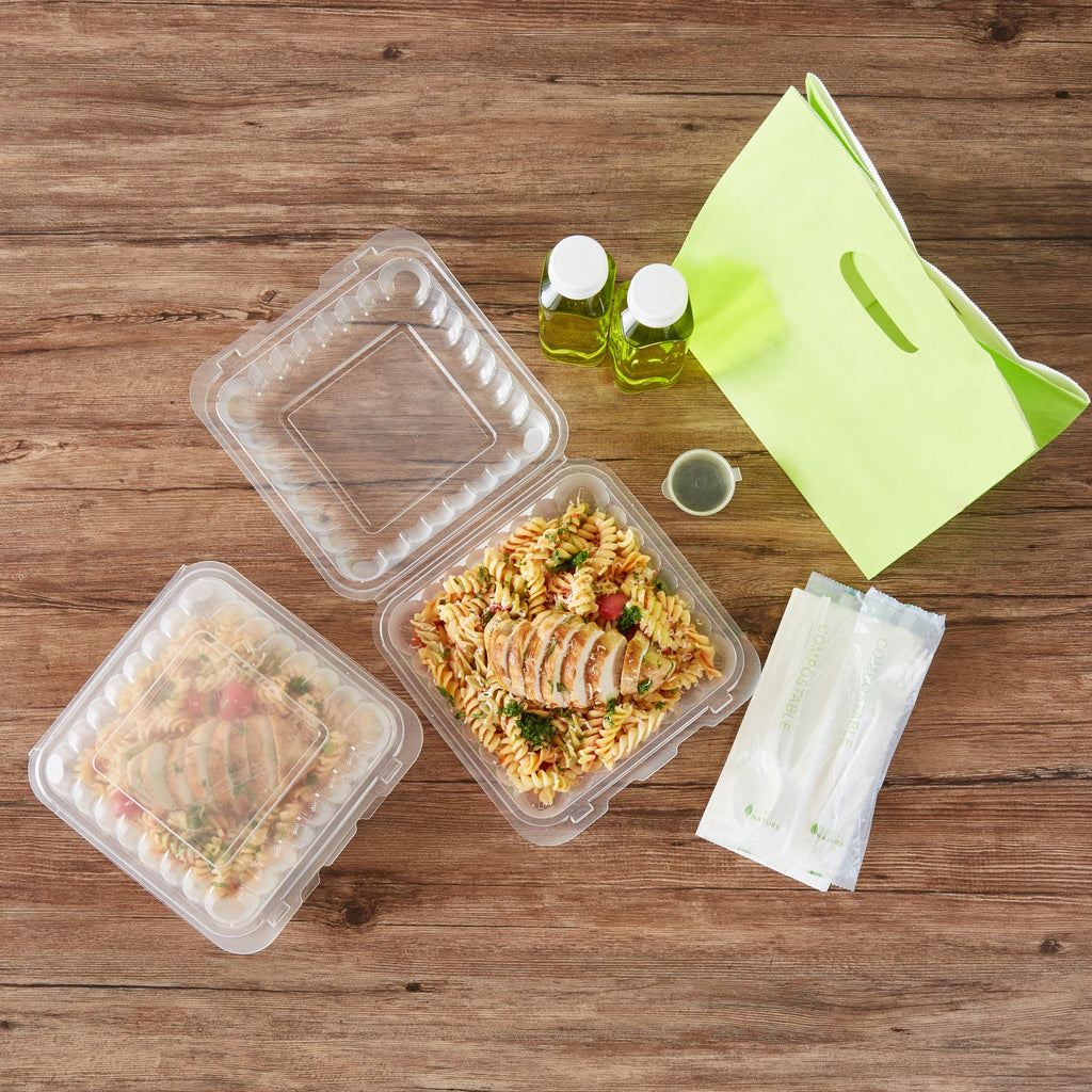 Chef 101 40 oz Square Clear Plastic Clamshell Container - Microwavable - 9" x 9" x 3" - 50 count box