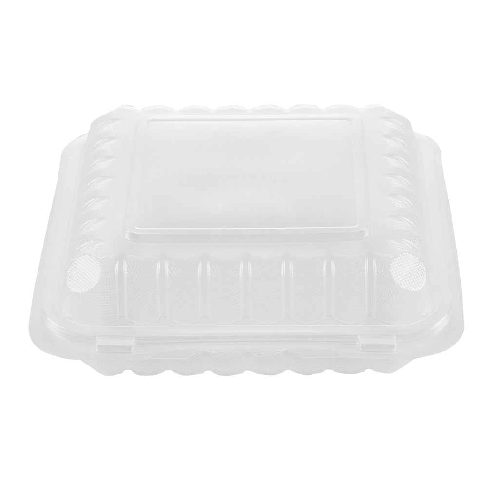 Chef 101 40 oz Square Clear Plastic Clamshell Container - Microwavable - 9" x 9" x 3" - 100 count box