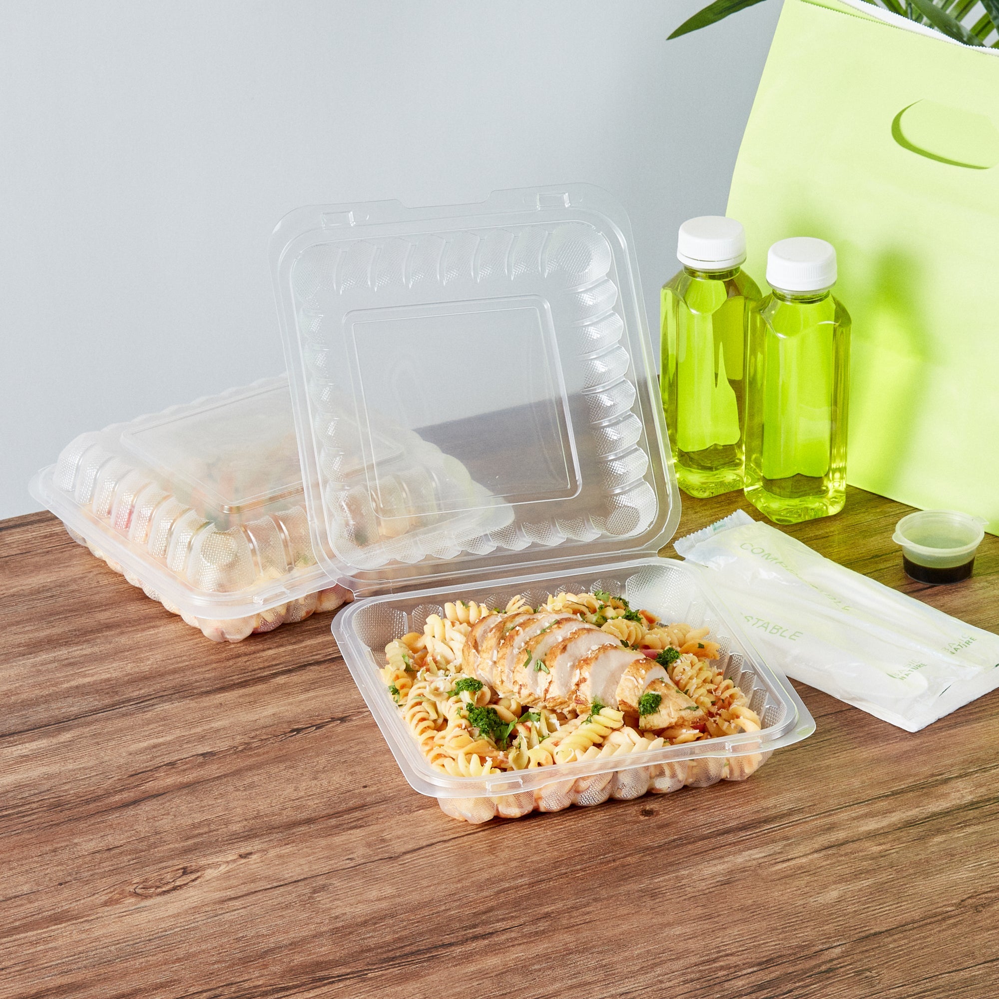 Chef 101 40 oz Square Clear Plastic Clamshell Container - Microwavable - 9" x 9" x 3" - 100 count box