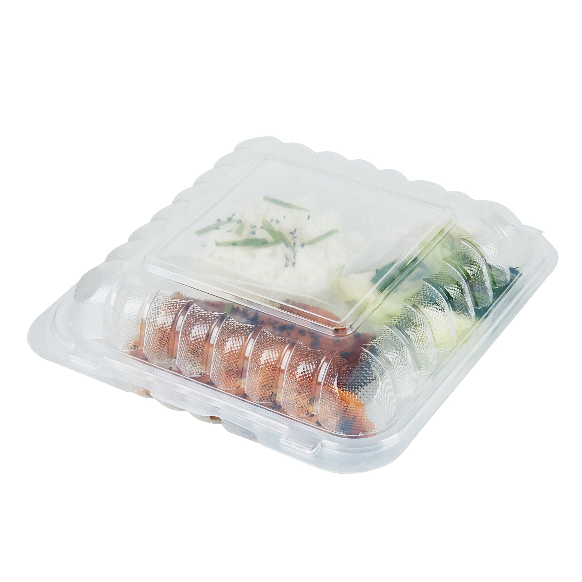 Chef 101 40 oz Square Clear Plastic Clamshell Container - 3 Compartments, Microwavable - 9" x 9" x 3" - 50 count box