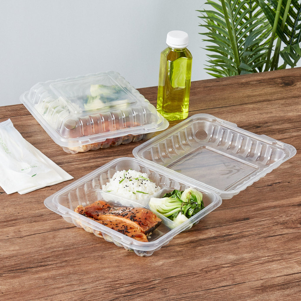 Chef 101 40 oz Square Clear Plastic Clamshell Container - 3 Compartments, Microwavable - 9" x 9" x 3" - 50 count box