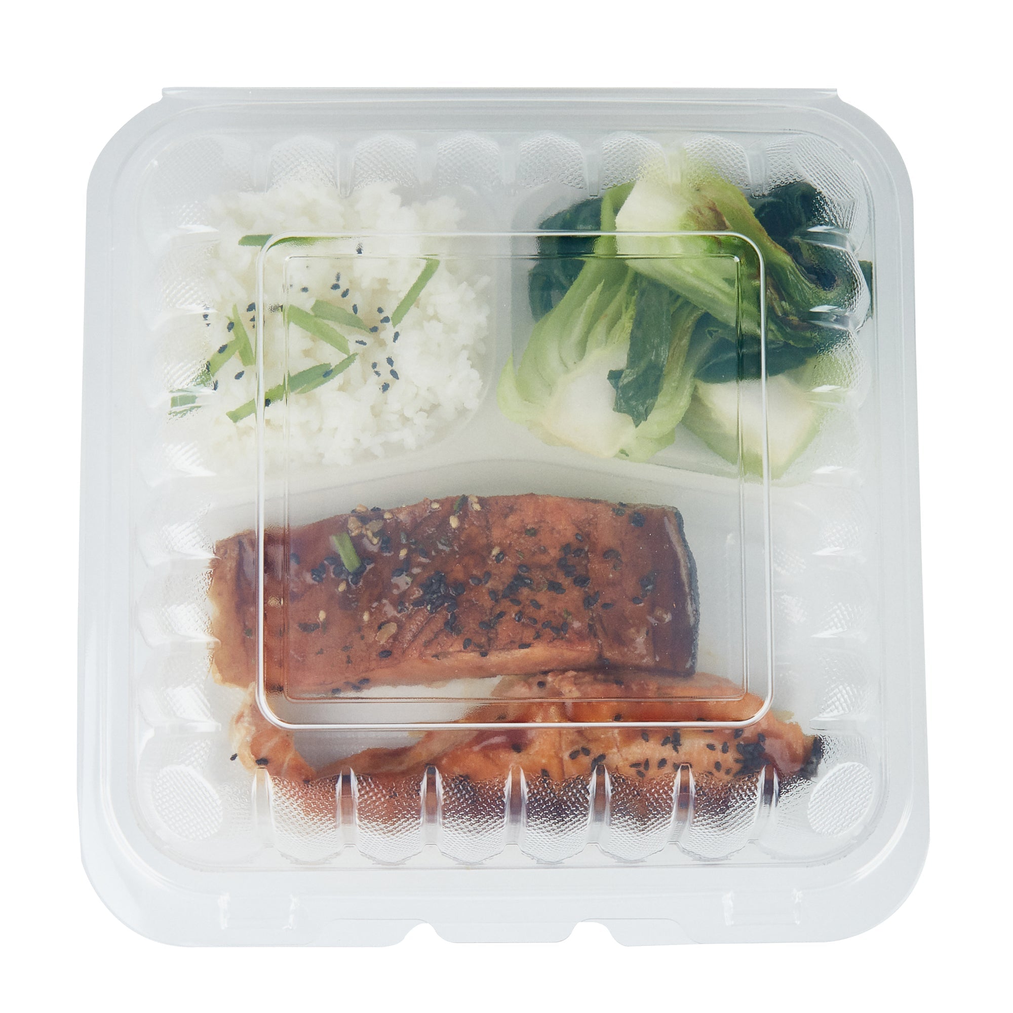 Chef 101 40 oz Square Clear Plastic Clamshell Container - 3 Compartments, Microwavable - 9" x 9" x 3" - 50 count box