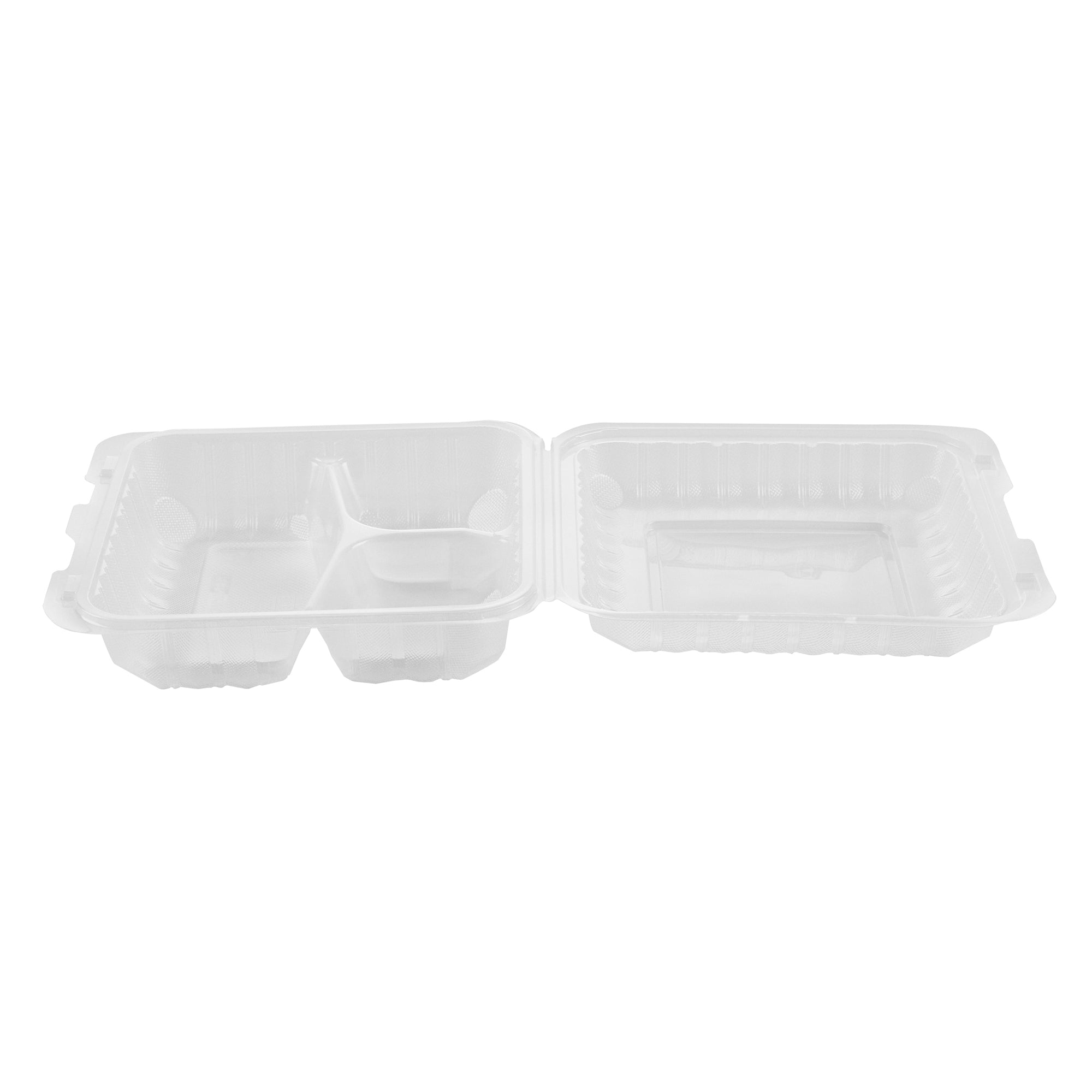 Chef 101 40 oz Square Clear Plastic Clamshell Container - 3 Compartments, Microwavable - 9" x 9" x 3" - 50 count box