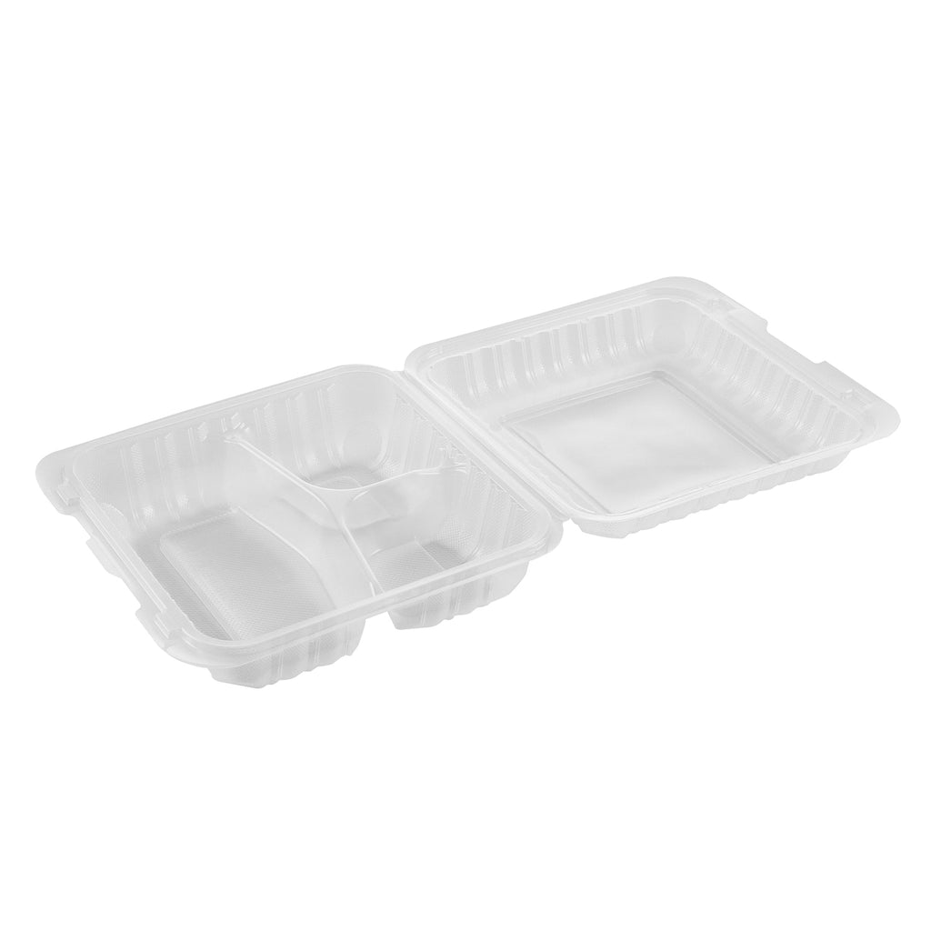 Chef 101 40 oz Square Clear Plastic Clamshell Container - 3 Compartments, Microwavable - 9" x 9" x 3" - 50 count box