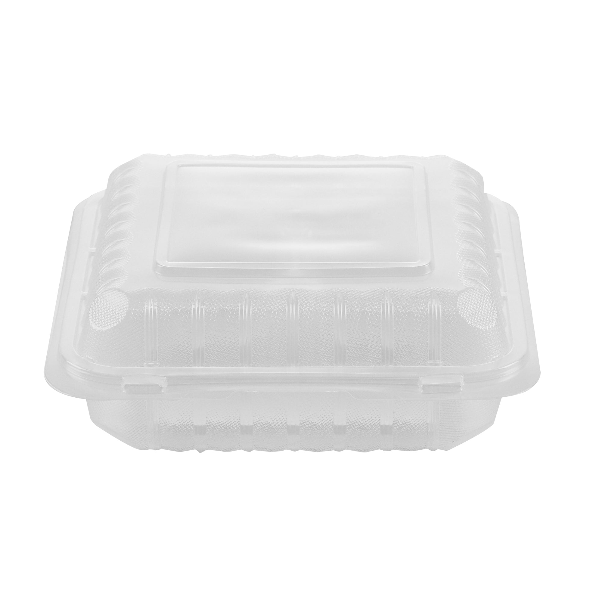 Chef 101 40 oz Square Clear Plastic Clamshell Container - 3 Compartments, Microwavable - 9" x 9" x 3" - 50 count box