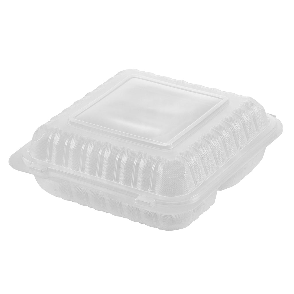 Chef 101 40 oz Square Clear Plastic Clamshell Container - 3 Compartments, Microwavable - 9" x 9" x 3" - 50 count box