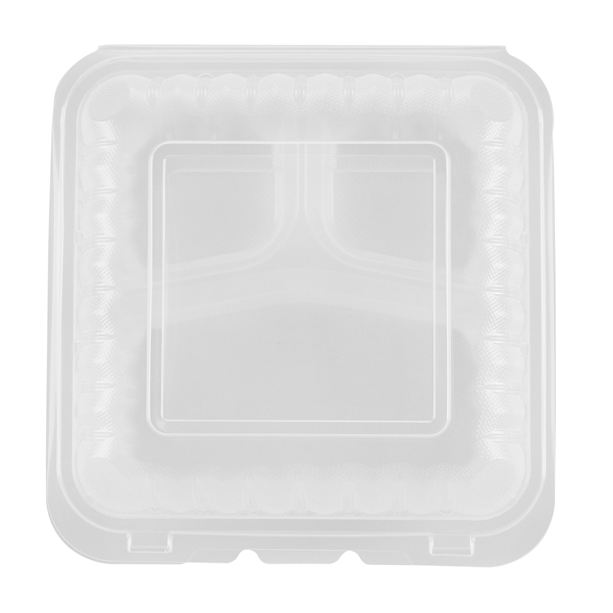 Chef 101 40 oz Square Clear Plastic Clamshell Container - 3 Compartments, Microwavable - 9" x 9" x 3" - 50 count box