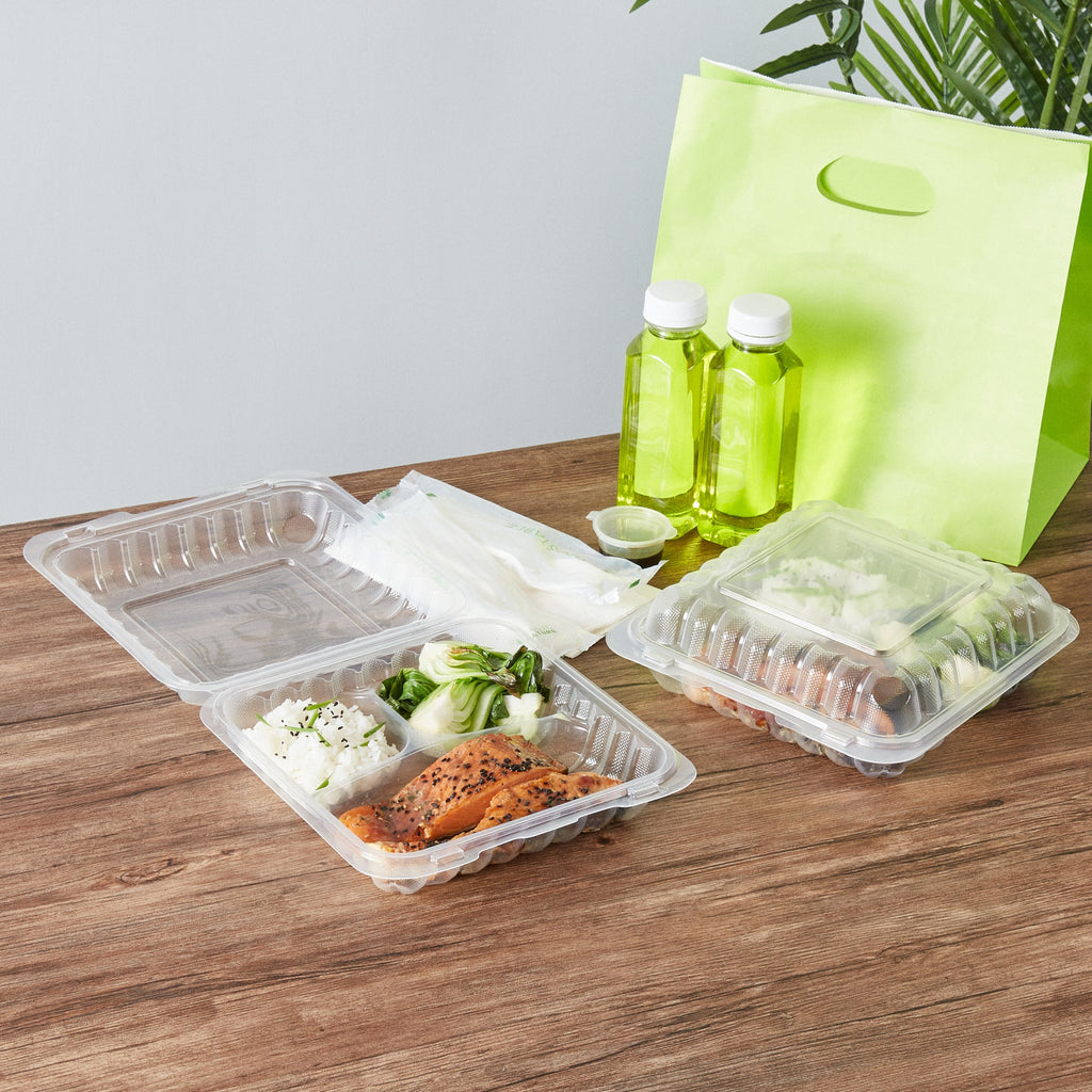 Chef 101 40 oz Square Clear Plastic Clamshell Container - 3 Compartments, Microwavable - 9" x 9" x 3" - 50 count box