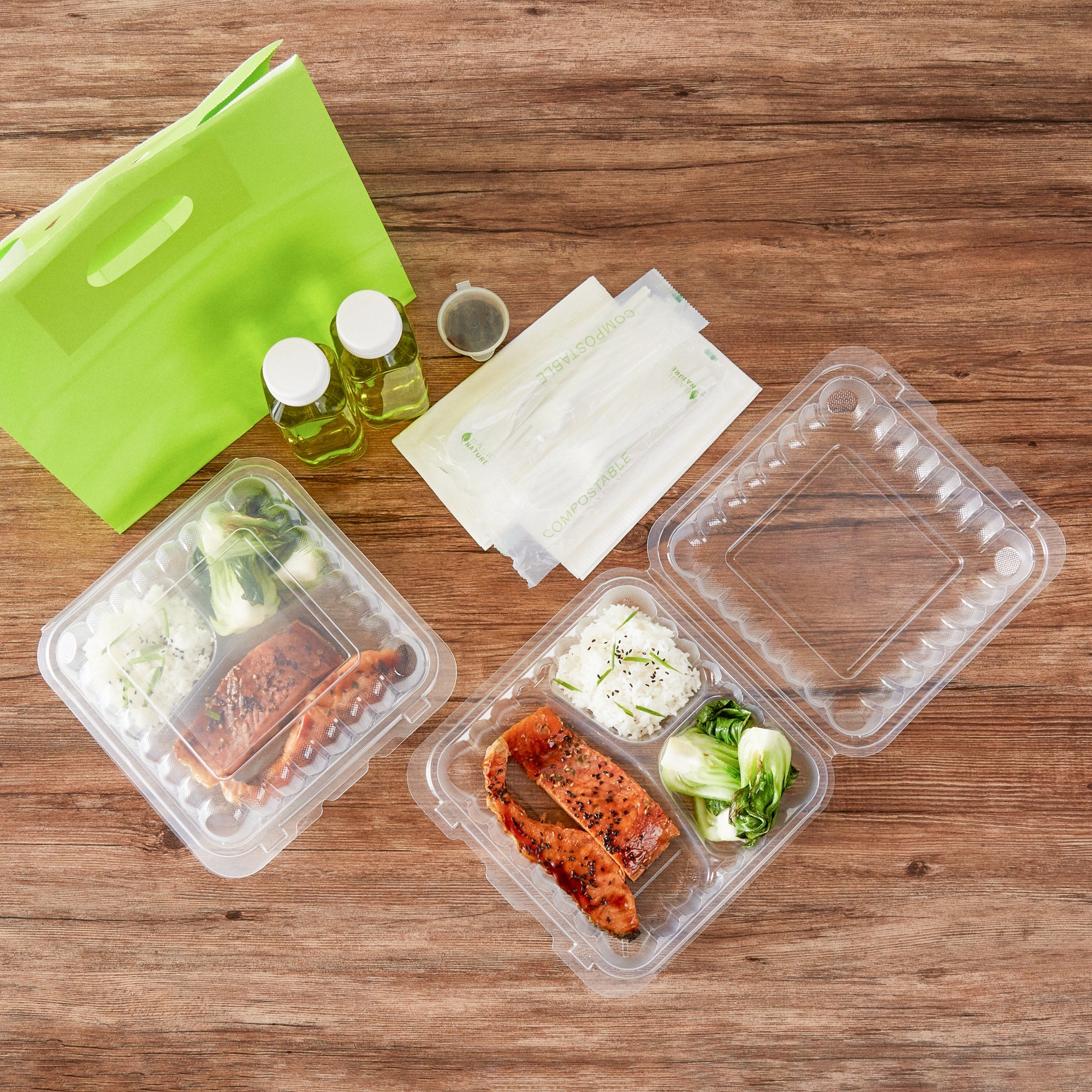 Chef 101 40 oz Square Clear Plastic Clamshell Container - 3 Compartments, Microwavable - 9" x 9" x 3" - 50 count box