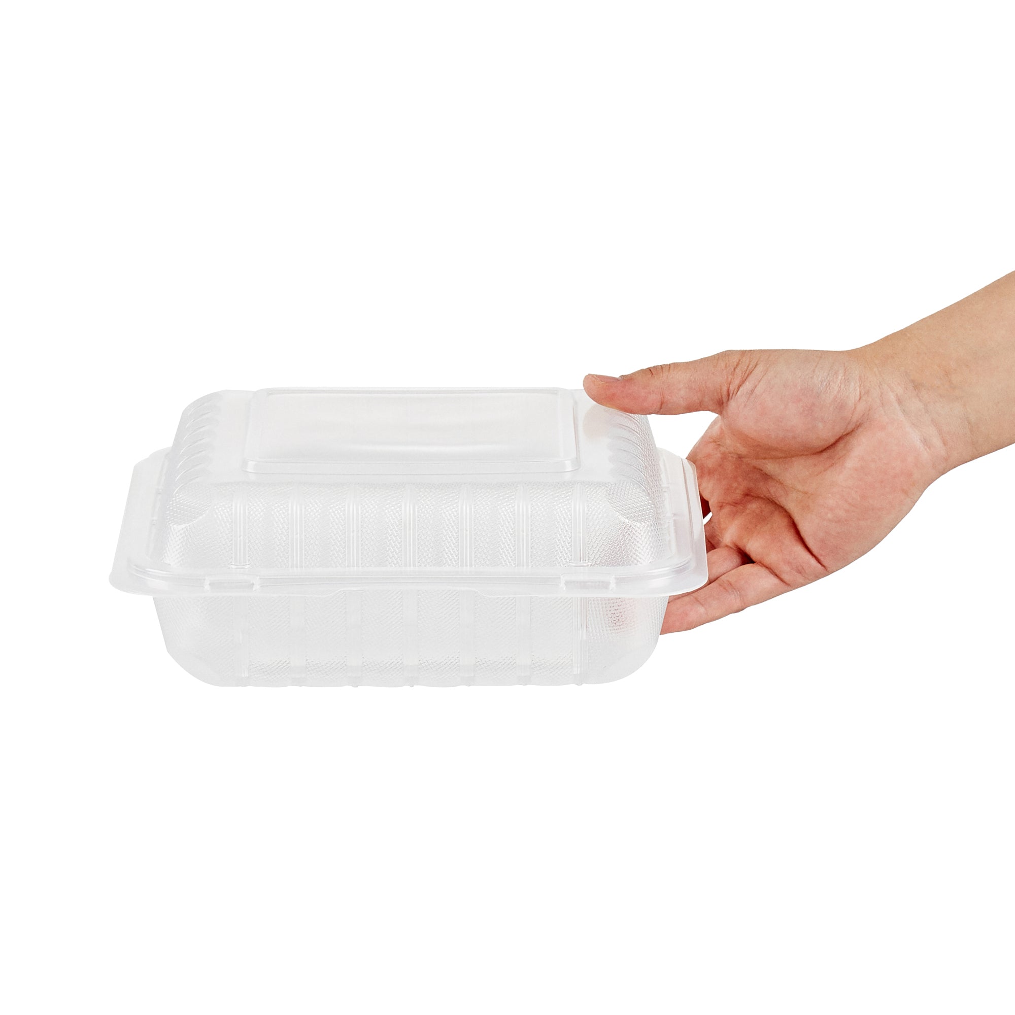 Chef 101 40 oz Square Clear Plastic Clamshell Container - 3 Compartments, Microwavable - 9" x 9" x 3" - 100 count box