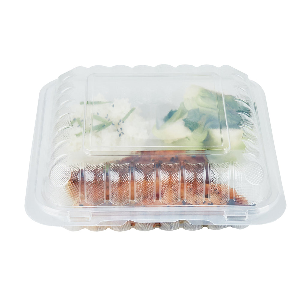 Chef 101 40 oz Square Clear Plastic Clamshell Container - 3 Compartments, Microwavable - 9" x 9" x 3" - 100 count box