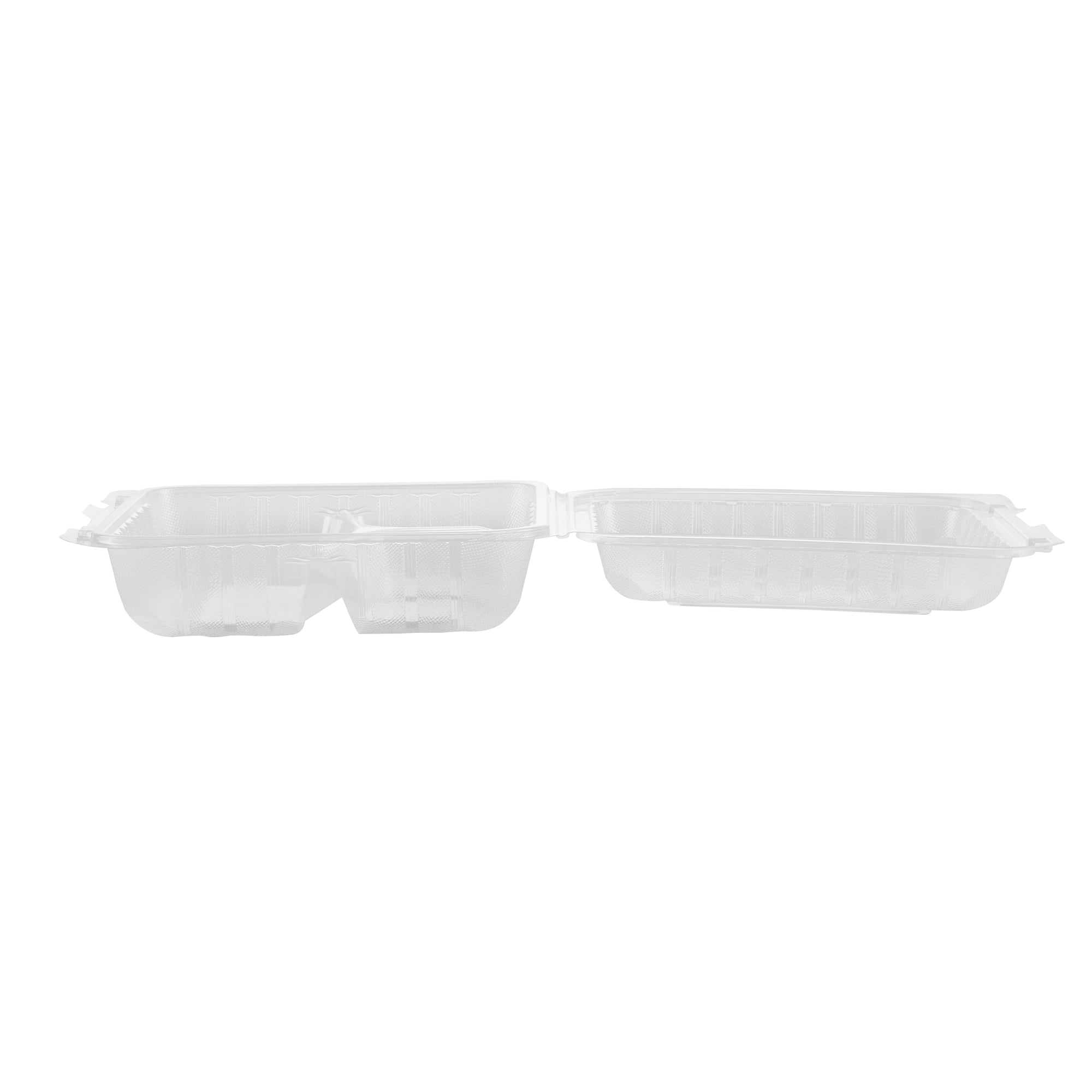 Chef 101 40 oz Square Clear Plastic Clamshell Container - 3 Compartments, Microwavable - 9" x 9" x 3" - 100 count box