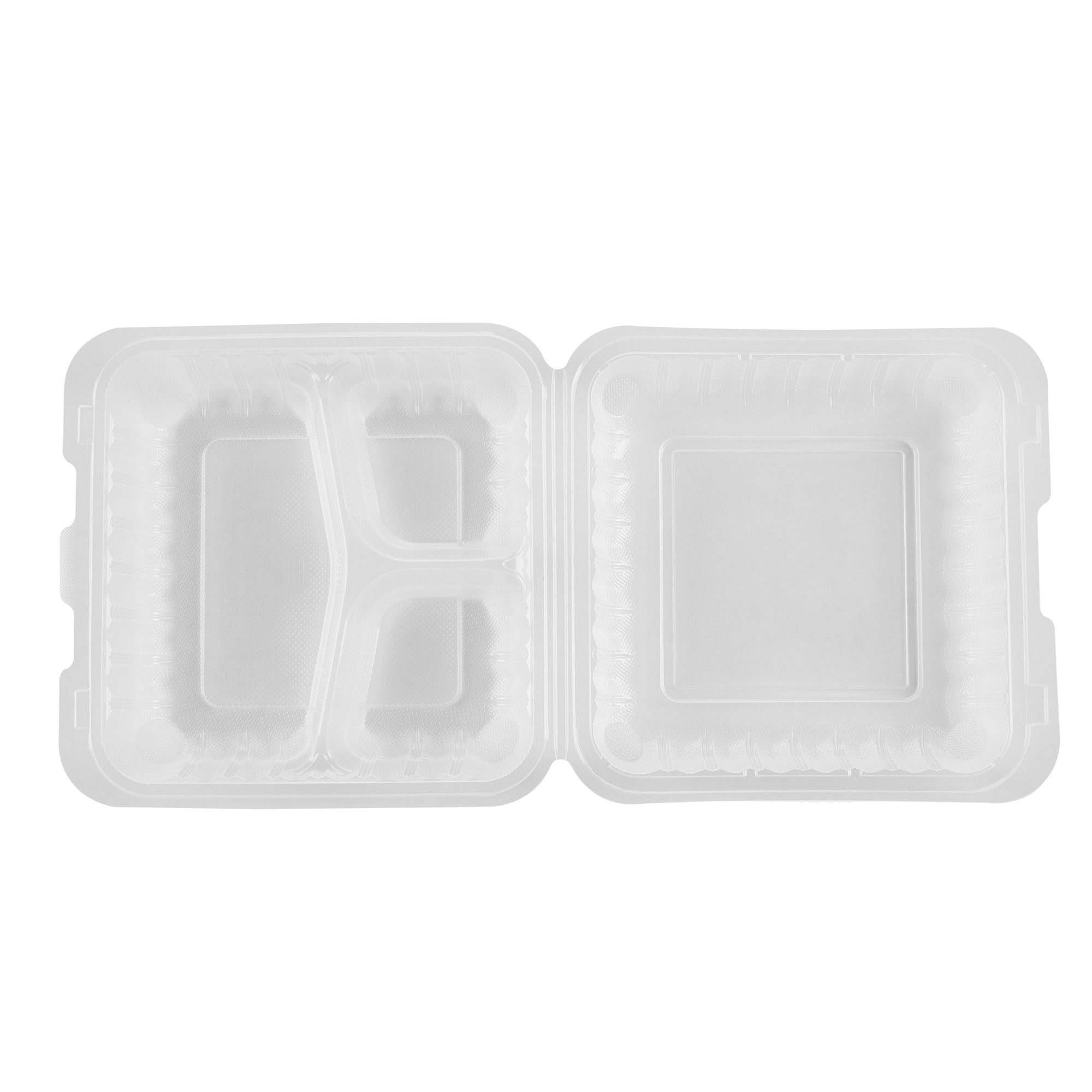 Chef 101 40 oz Square Clear Plastic Clamshell Container - 3 Compartments, Microwavable - 9" x 9" x 3" - 100 count box