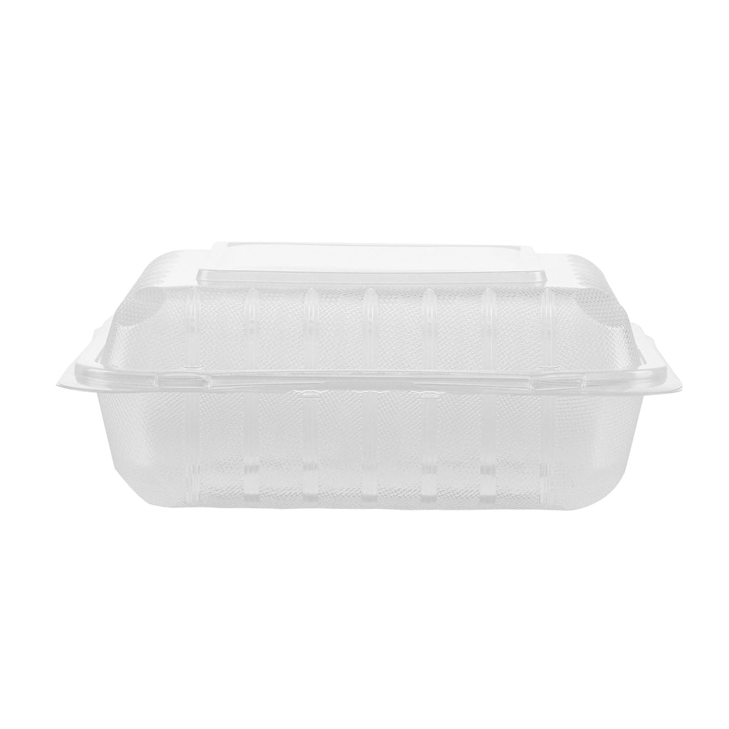 Chef 101 40 oz Square Clear Plastic Clamshell Container - 3 Compartments, Microwavable - 9" x 9" x 3" - 100 count box