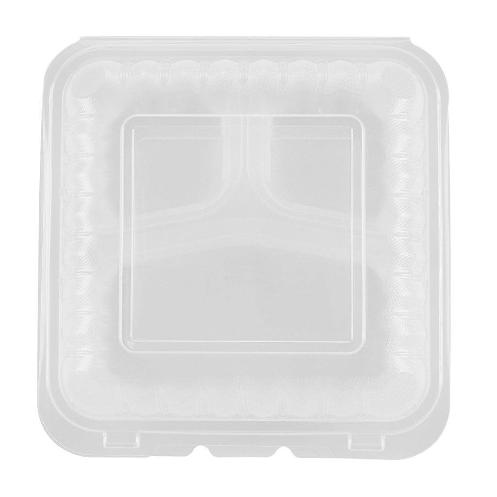Chef 101 40 oz Square Clear Plastic Clamshell Container - 3 Compartments, Microwavable - 9" x 9" x 3" - 100 count box